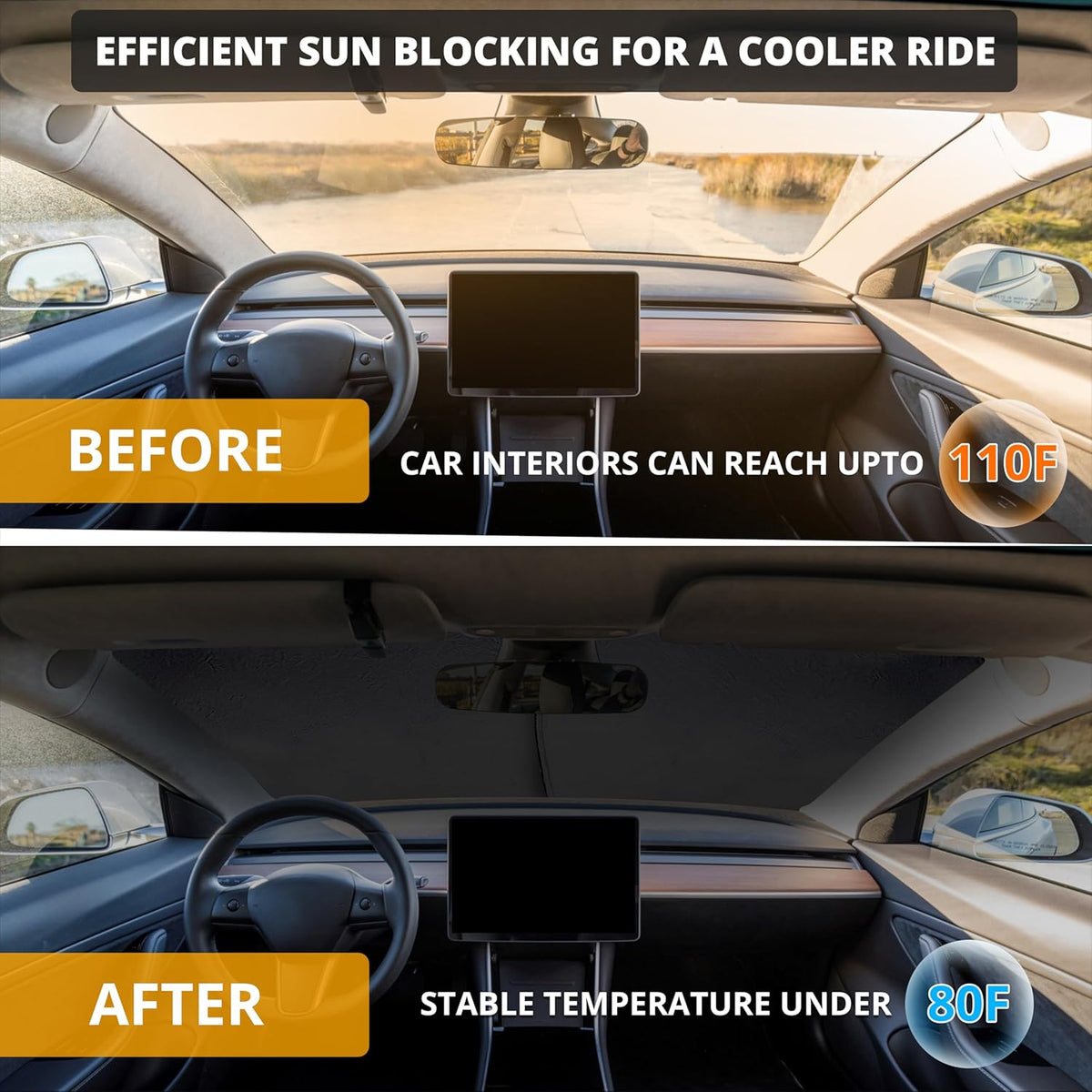 EcoNour Tesla Windshield Sun Shade | Foldable Front Windshield Shade for Sun, Heat and UV Rays | Car Front Window Sunshade | Sun Protection Shade Fit for Tesla Model-3 & Model-Y