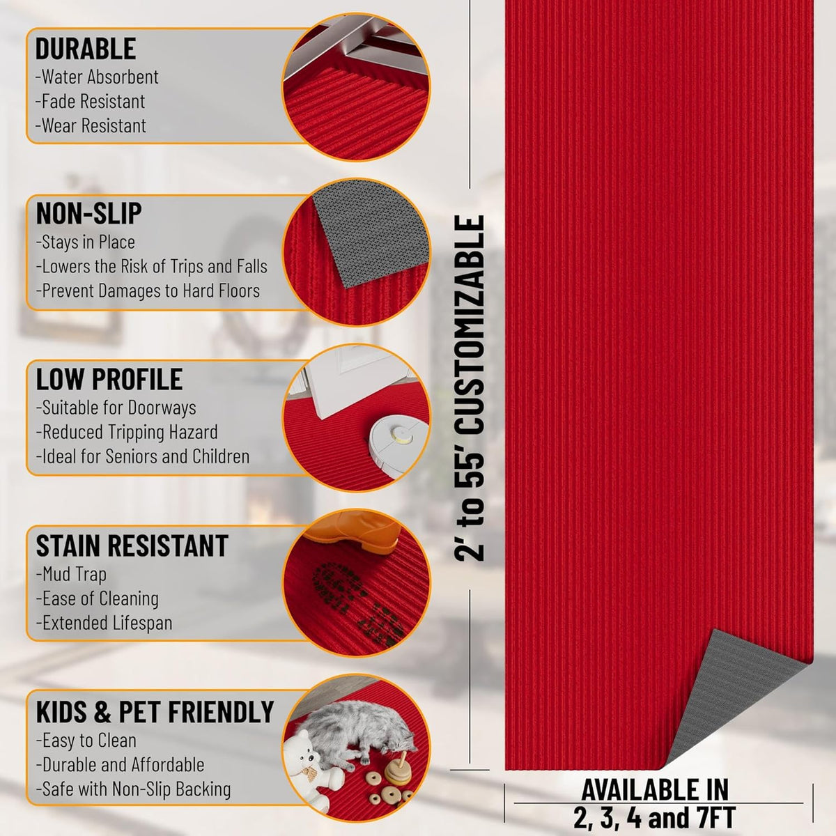 Ottomanson 2' x 21' Hallway Runner with Scraper Pile - Extra Durable Non-Slip Rug Mat for Indoor & Outdoor Use - Ideal for Kitchen, Entryway, Patio & Garage - High-Traffic Carpet, Red
