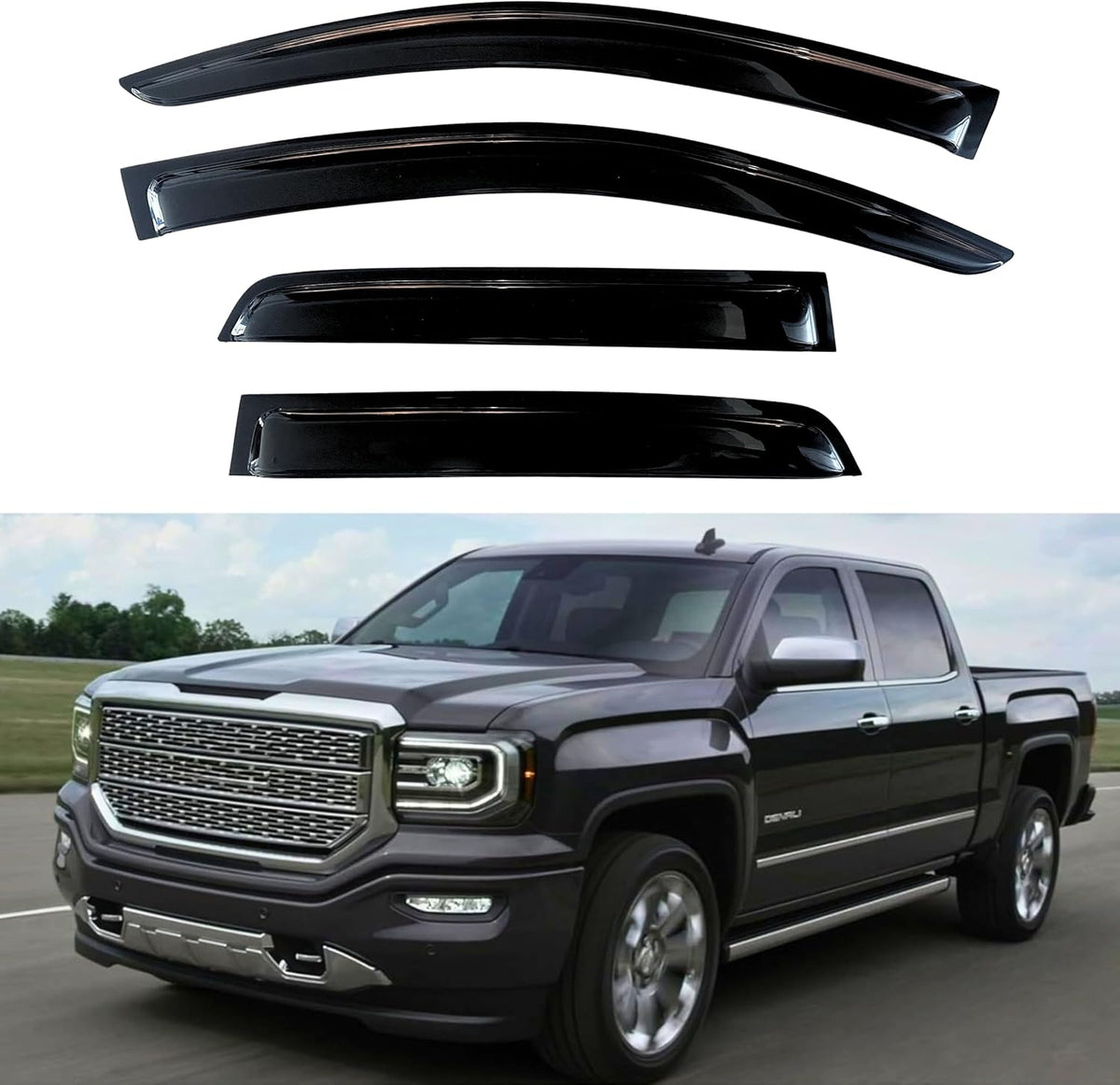 KPY Window Visor for 2014-2018 GMC Sierra & Chevrolet Chevy Silverado 1500, 2500HD 3500HD 2015-2019, 4PC Rain Guards Tape-On Style, 2014 2015 2016 2017 2018 2019 (Crew Cab Only)