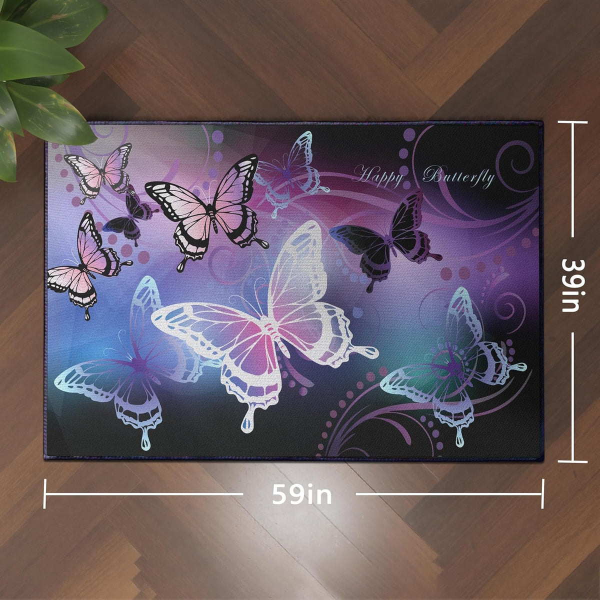 Beautiful Butterfly Fantasy Rug for Playroom Girls Bedroom Colorful Rainbow Butterfly Decor Area Carpet 59"x39" Purple Mat 3D Printed Non-Slip Washable