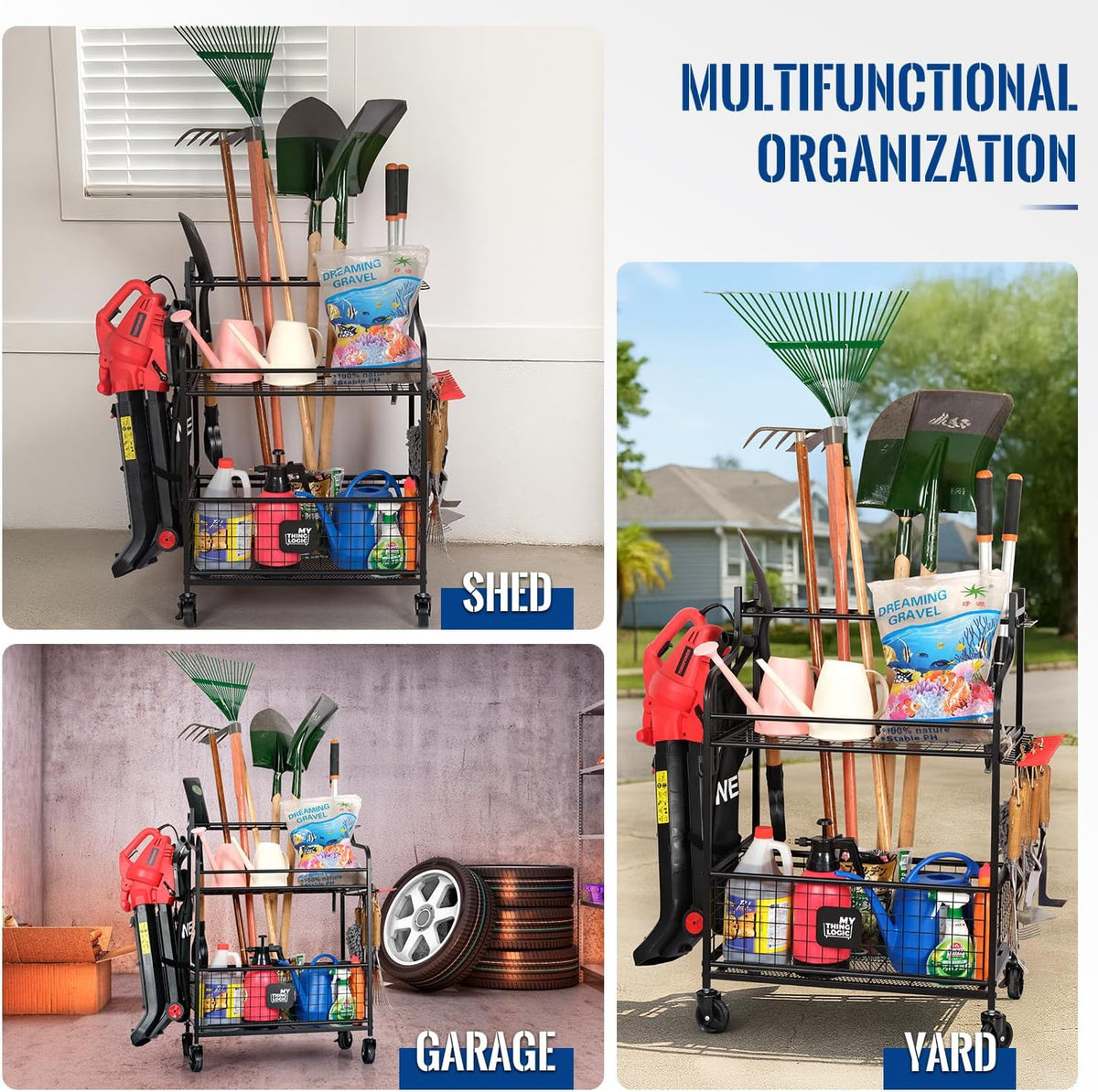 Mythinglogic Garden Tool Organizer for Garage, Yard Tool Rack with Wheels, Garage Organizers and Storage Holder for Yard Tools (Deluxe Tower)
