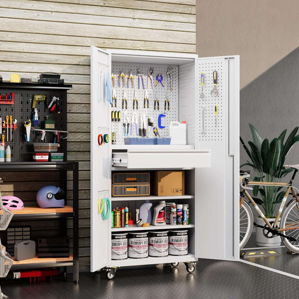71" Metal Garage Storage Cabinet with 16 Hooks and Pegboards,1 Drawer Inside Rolling Tool Storage Cabinet with Adjustable Shelves,3 Metal Hanging Rod for Garage,Warehouse(White)