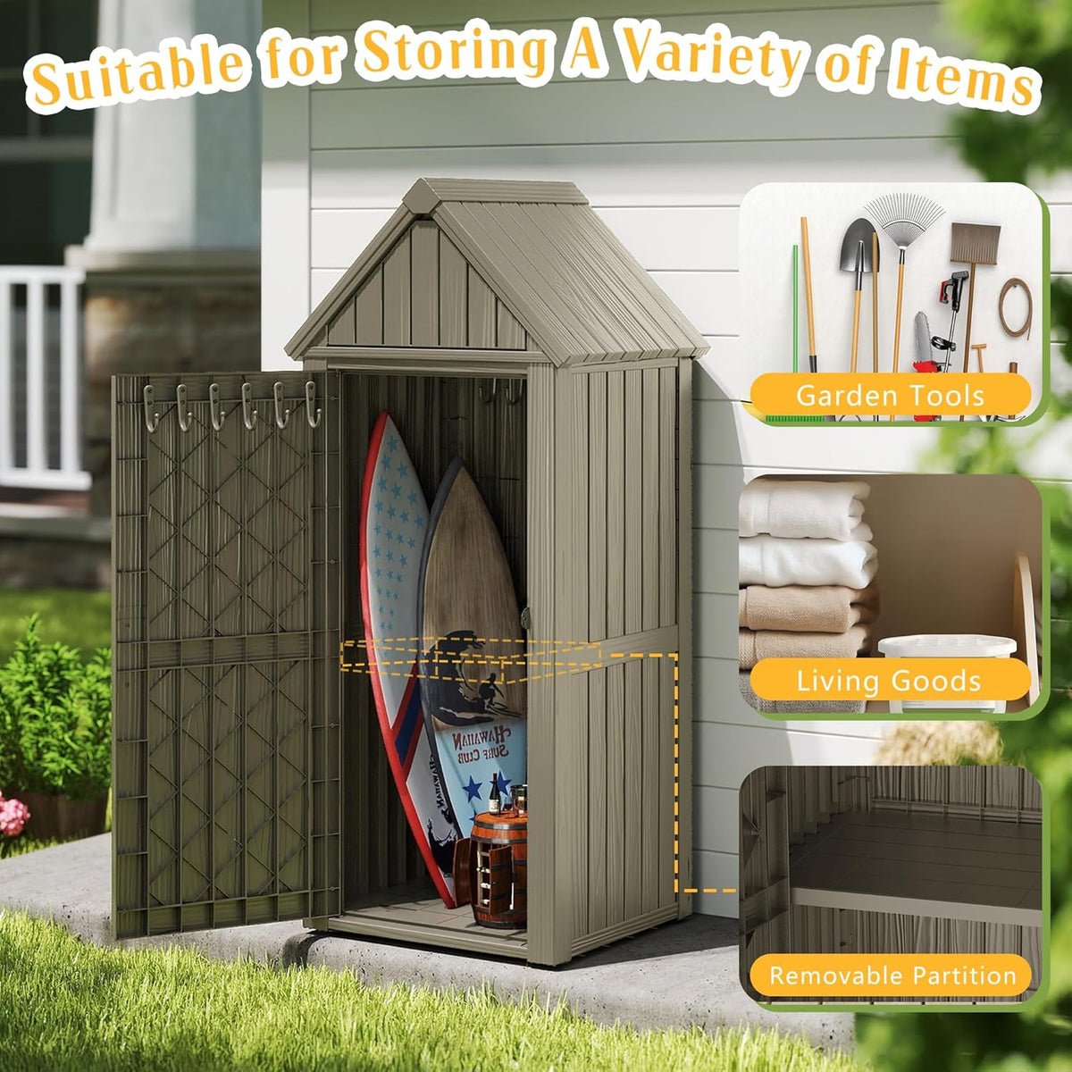 Storage Shed Outdoor Lockable,Waterproof Resin Garden Tool Shed, Heavy-Duty Weather-Resistant Cabinet for Patio, Backyard, or Garage (Grey)