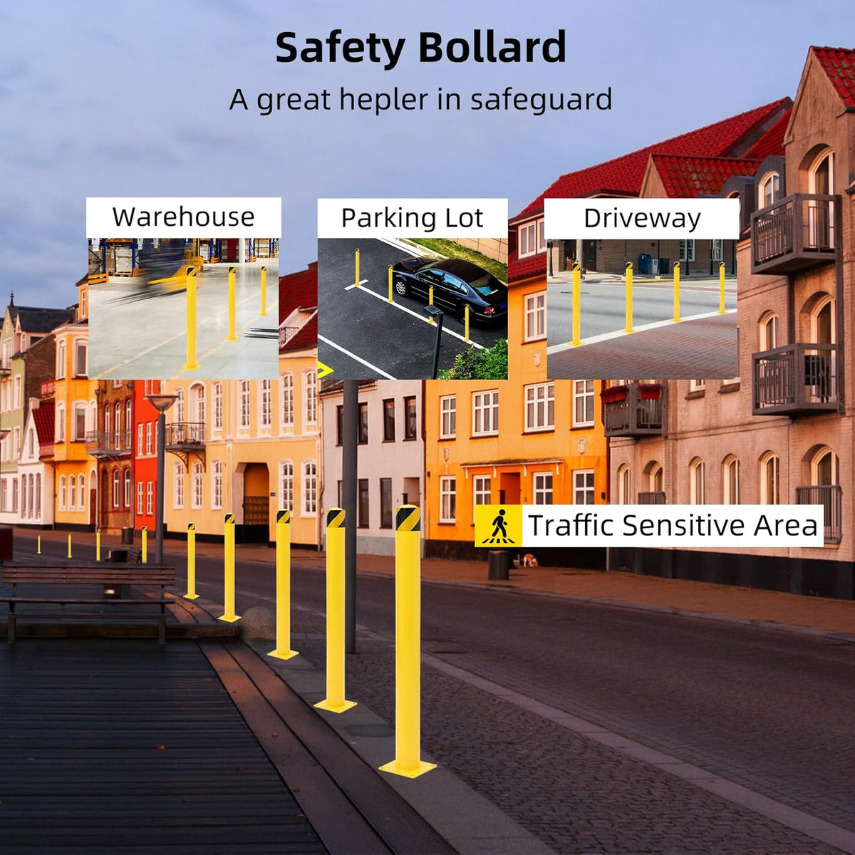 Safety Bollard 2 Packs, 48 Inch Height Steel Bollard Post for Parking Lot, 4.5 Inch Diameter Pipe, Yellow Safety Bollard Post with 16 Anchor Bolts, Ideal for Traffic-Sensitive Areas, Driveway Barrier
