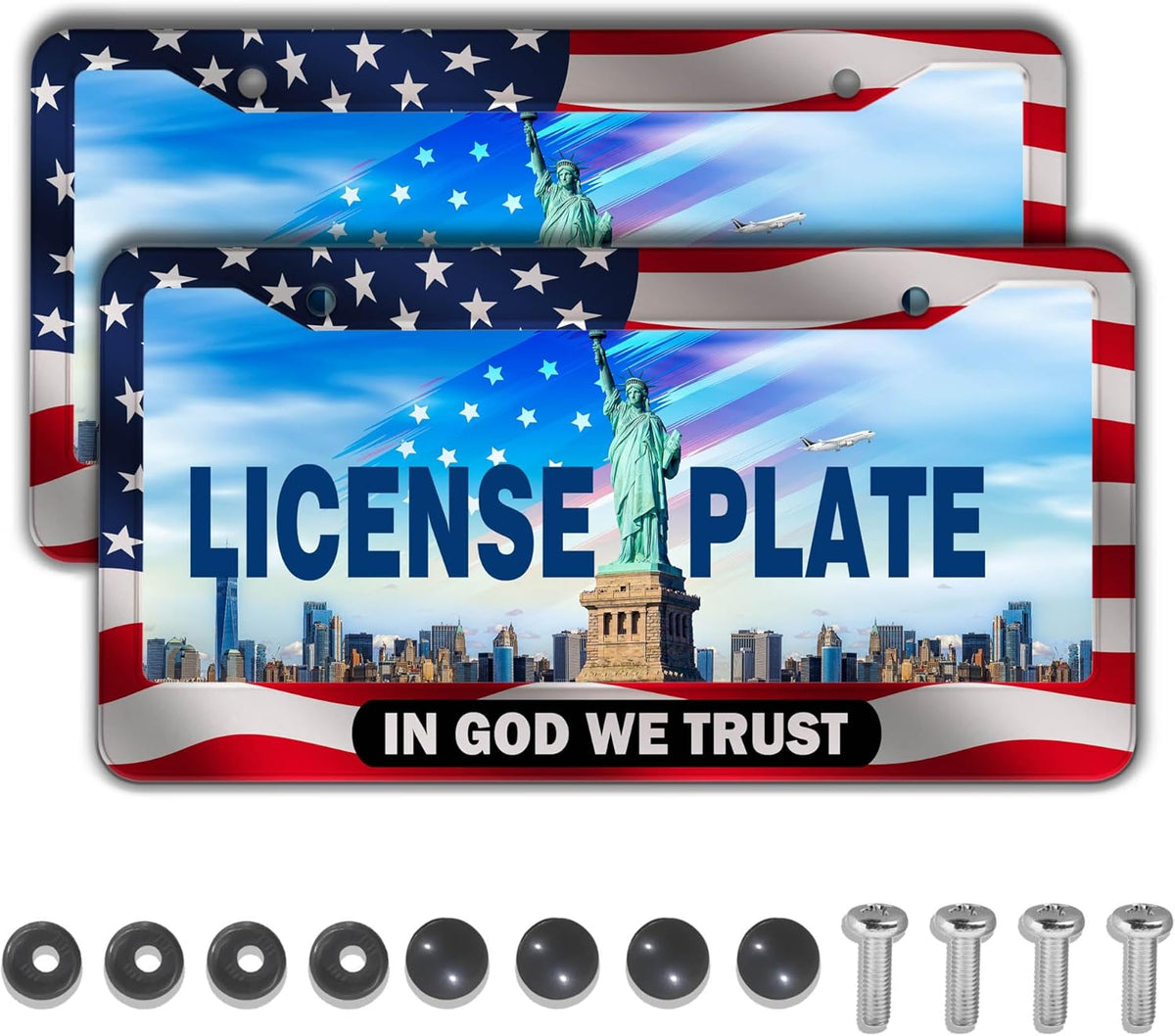 License Plate Frames Multicolor License Plate Holder American Flag in God We Trust Universal Aluminum Car Accessory 2 Pack with Screw Covers Set