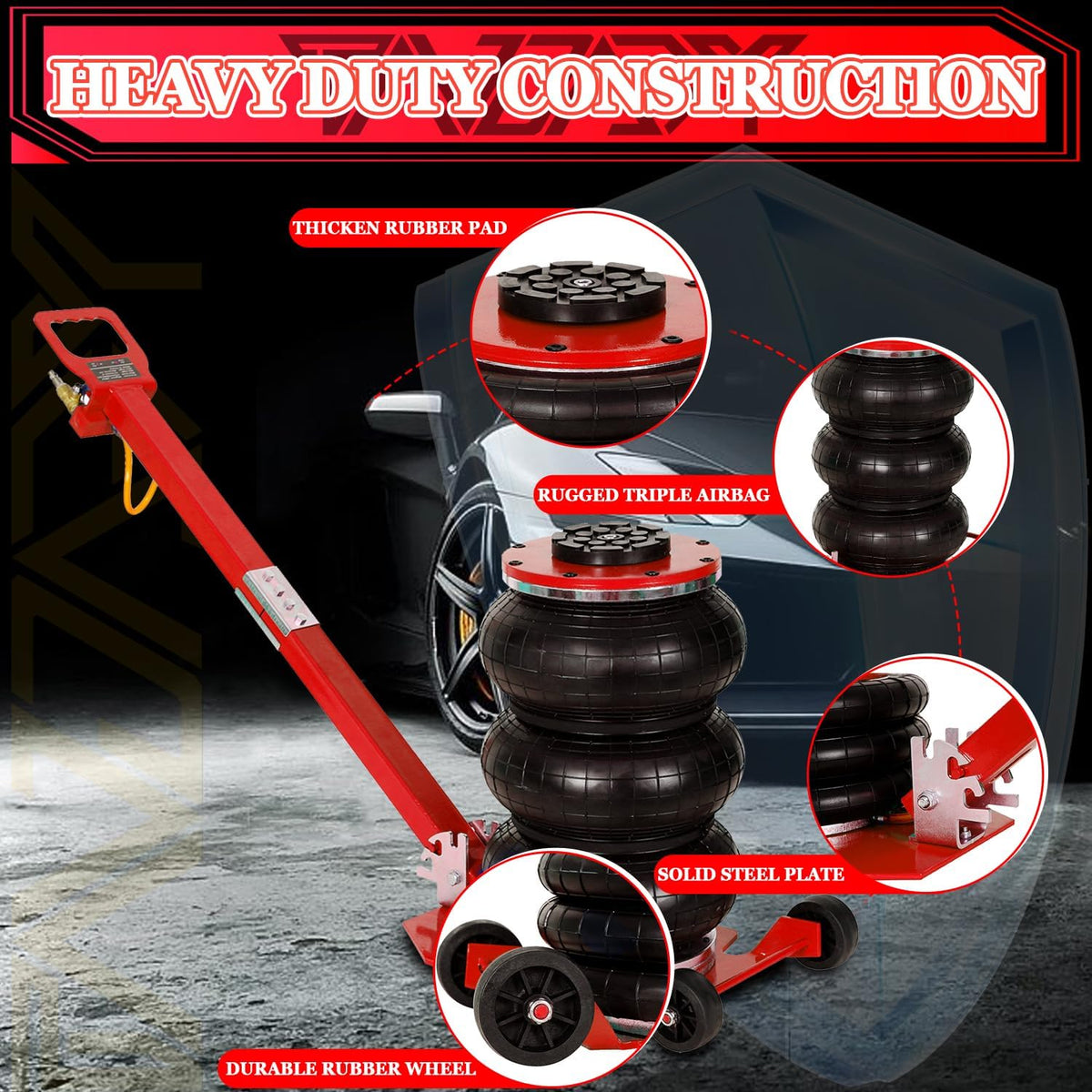 5T Triple Bag Air Jack 11000lbs Pneumatic Jack 3s Fast Lift Up 16in Airbag Jack with Adjustable Long Handle Heavy Duty Triple Air Bag Jack Lift for Cars Garage (Red)