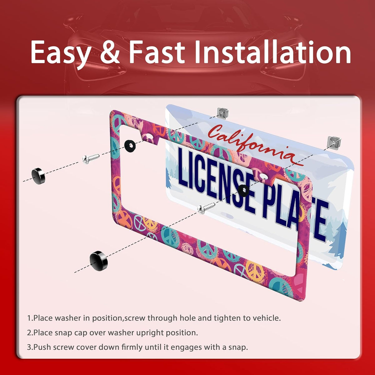 Groovy Hippie Peace Sign License Plate Frame Pink License Plate Frames Stainless Steel Accessories Cars Decor with 2 Holes and Screws Fits Standard US CA Vehicles Size 12.2 x 6 Inches