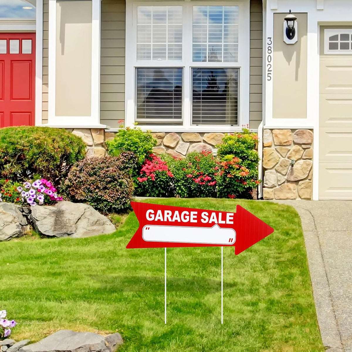 Wenqik 12 Pcs Garage Sale Signs with Stakes Double Sided Neon Arrow Signs with Stakes 17 x 6 Inches High Visibility This Way Plastic Garage Sale Decoration(Red and White)