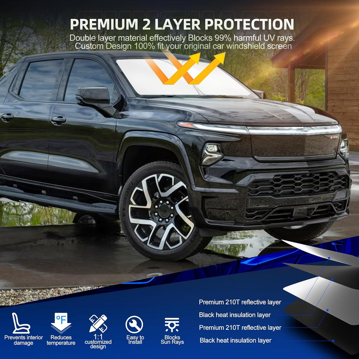 Windshield Sun Shade for Ch-evro-let Silverado EV 2024-2025 2026 Foldable Sunshade Custom Fit Front Window Car Interior Accessories Protector Blocks UV Rays