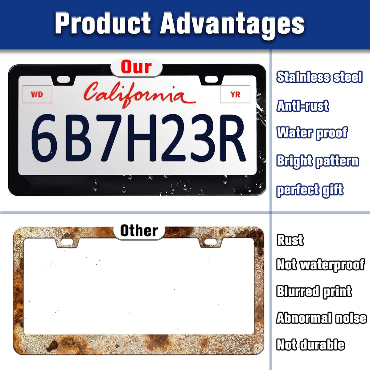 Vintage American Flag License Plate Frame USA Flag Patriotic License Plate Holders Funny Stainless Steel Auto Accessory Bracket 2 Hole with Screws Universal Us Car License Plate Frames 6x12 Inch