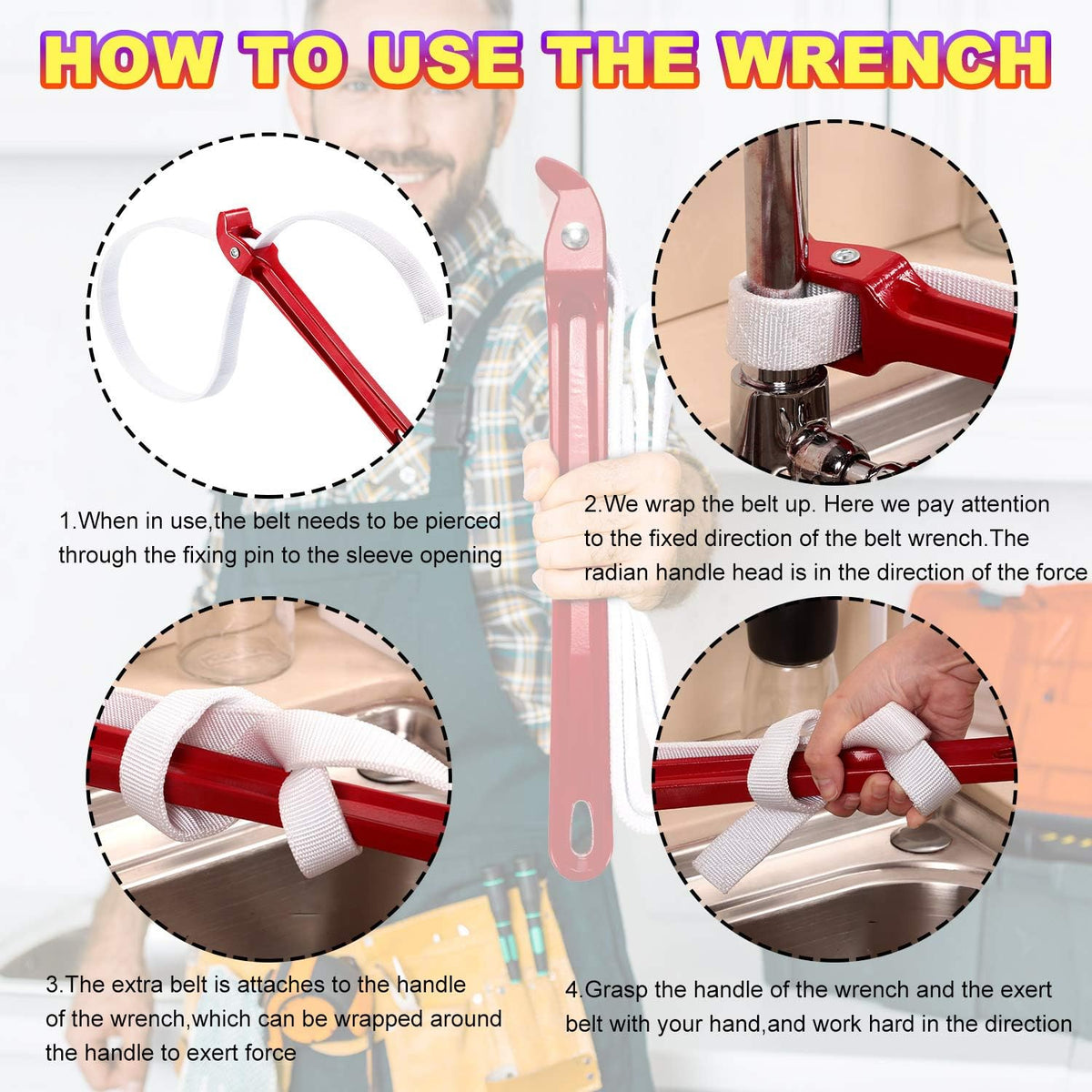 Mudder 12 Inch Strap Wrench Adjustable Pipe Nylon Plumbing Strap Wrench Oil Filter Jar Opener Handle Belt Anti-sliding Fixed Tool