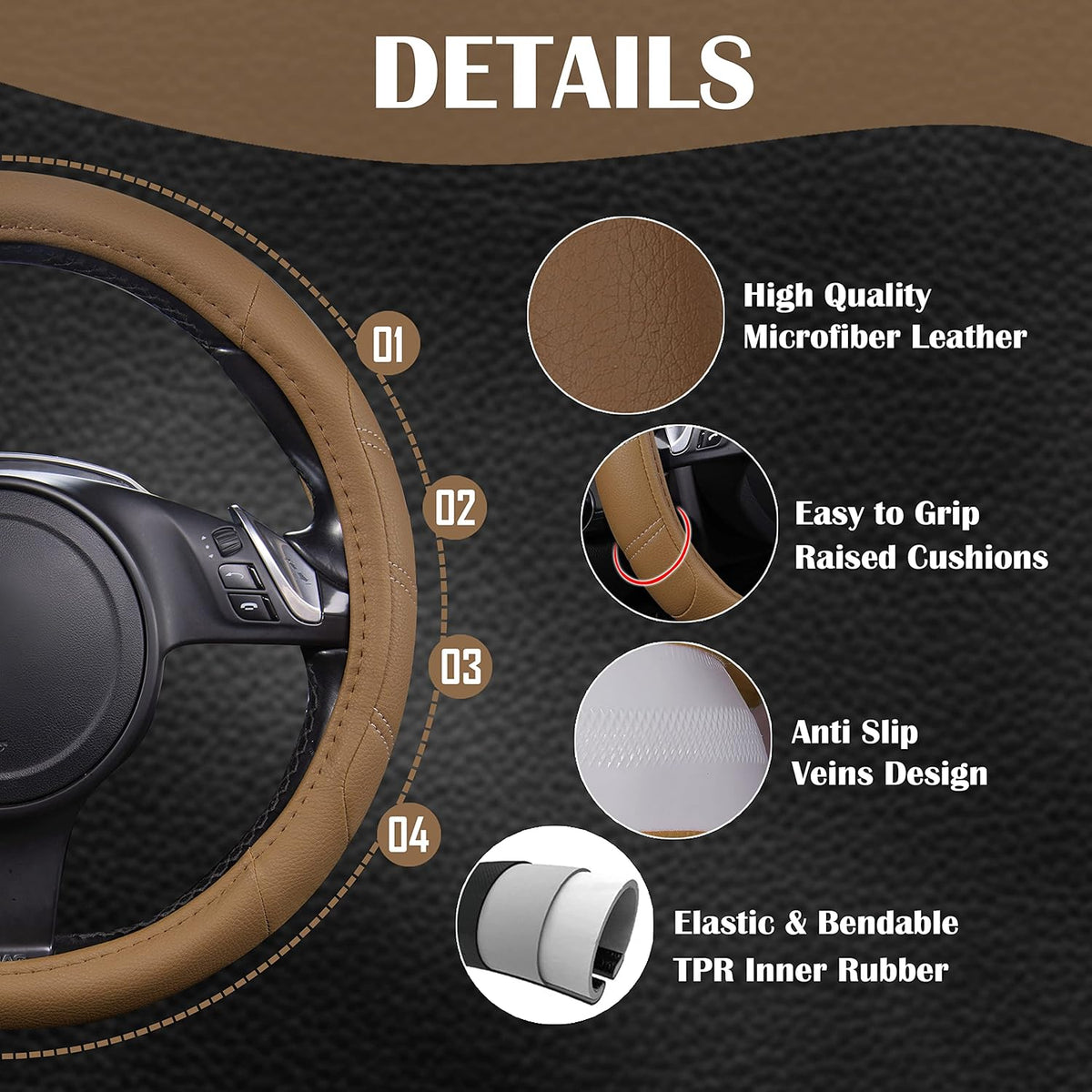 CAR PASS Line Rider Microfiber Leather Sporty Steering Wheel Cover Universal Fits for 95% Truck,SUV,Cars, Anti-Slip Safety Comfortable Desgin (Pure Brown)