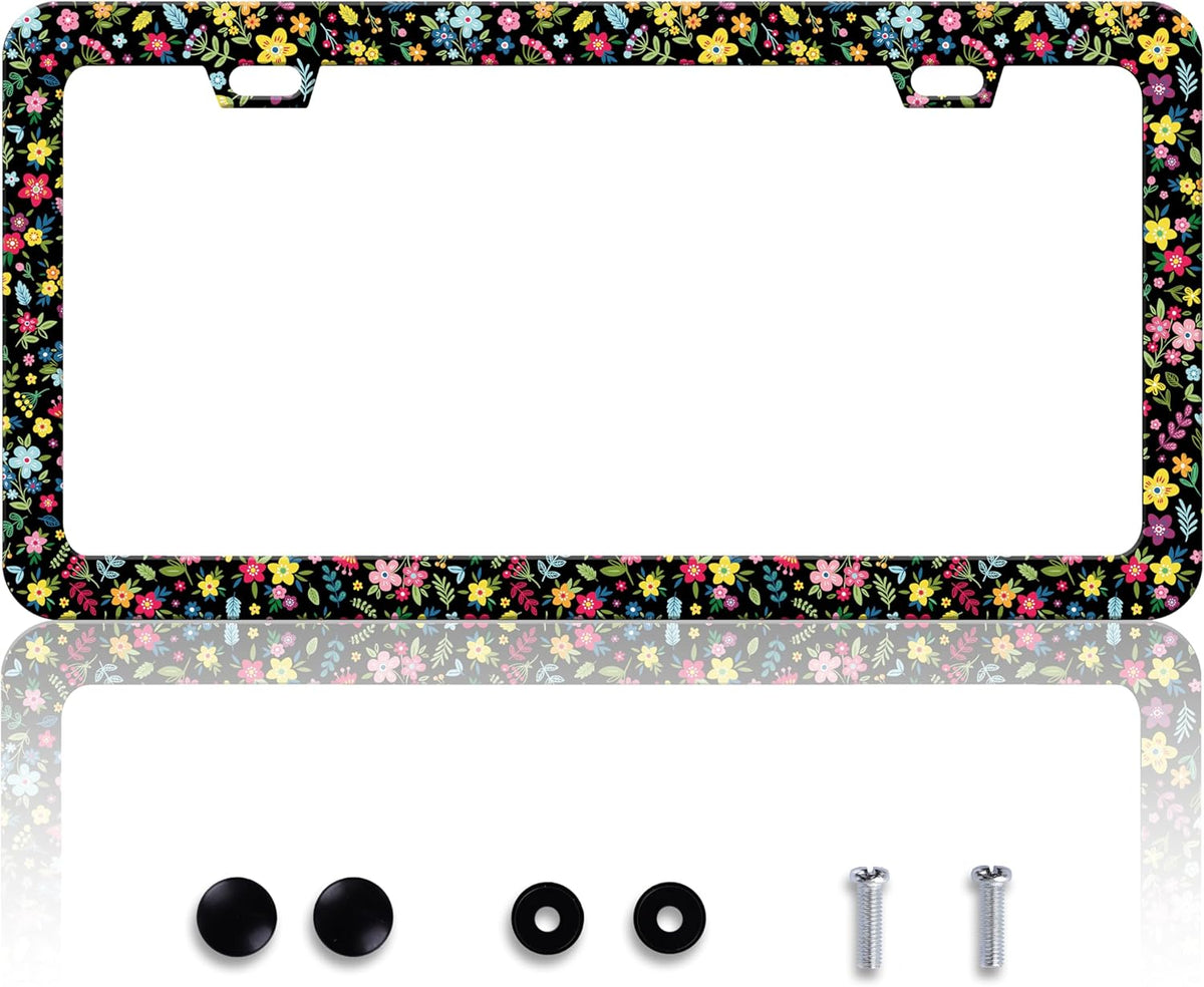 Colorful Folk Floral License Plate Frame Flower License Plate Holder Personalise Stainless Steel Funny Design Compatible with Standard License Plate Frames for USA and Canada 6 X 12 Inch with Screws