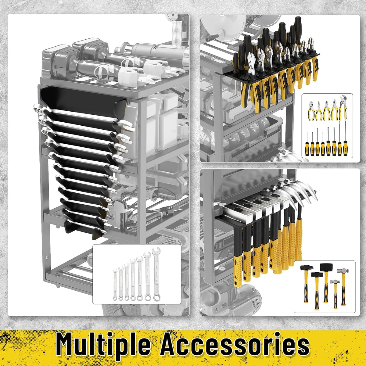 Heavy Duty Power Tool Organizer Wall Mount, Cordless Drill Hanger Storage Rack, Battery Tool Holder Utility Rack with Side Wrench Rack for Garage Workshop-32 Inch 8 Slots