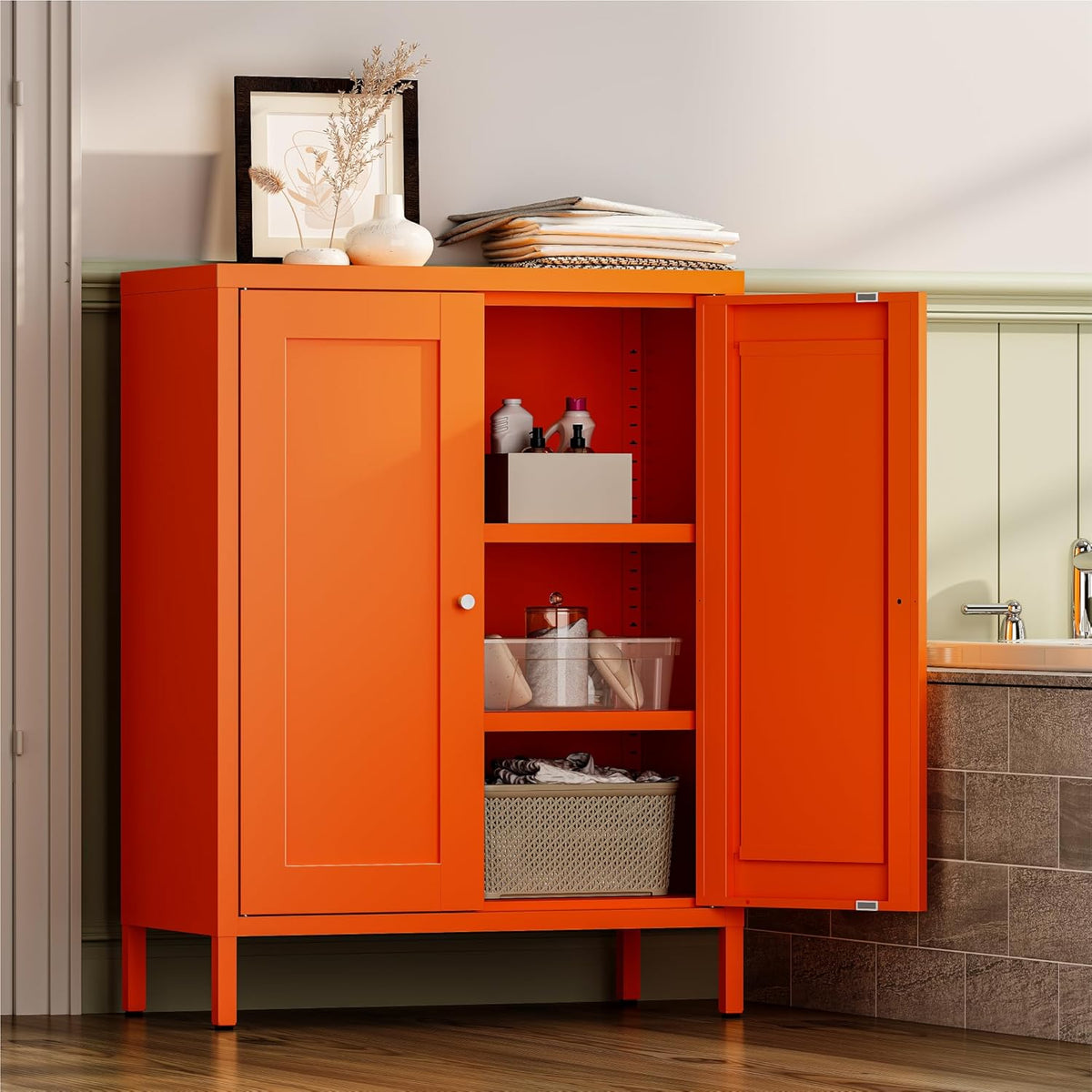 Metal Bathroom Storage Cabinet, Bathroom Floor Storage Cabinet with 2 Adjustable Shelves and 2 Doors,Freestanding Metal Sideboard for Small Spaces, Living Room, Dining Room,Orange