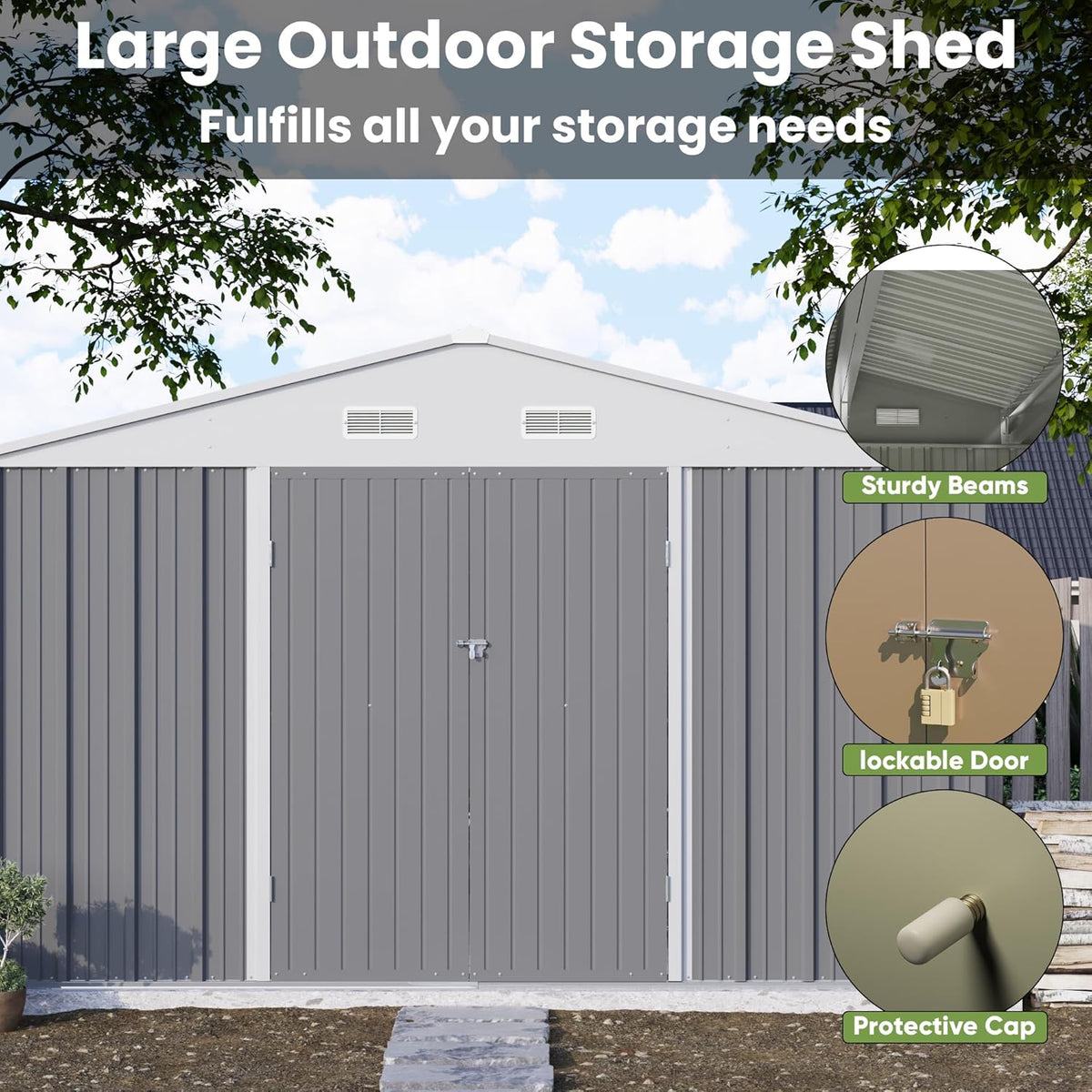 Patiowell 10' x 10' Metal Storage Shed for Outdoor, Steel Yard Shed with Design of Lockable Doors, Utility and Tool Storage for Garden, Backyard, Patio, Outside use, Grey