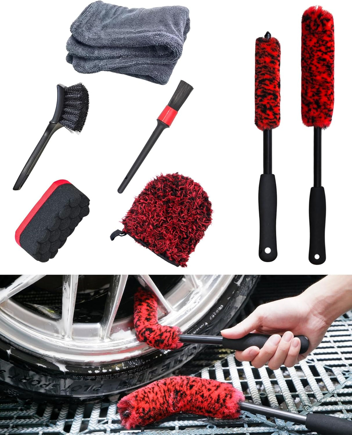 Premium 7PCS Car Wheel Rims Detail Cleaning PRO Wash Kit, Wheel Wash Mitt, Tire Brush,2PCS Soft Woolies Wheels Brush,Detailing Brush and Tire Dressing Pad,Microfiber Dry Towel Scratch-Free Cleaning
