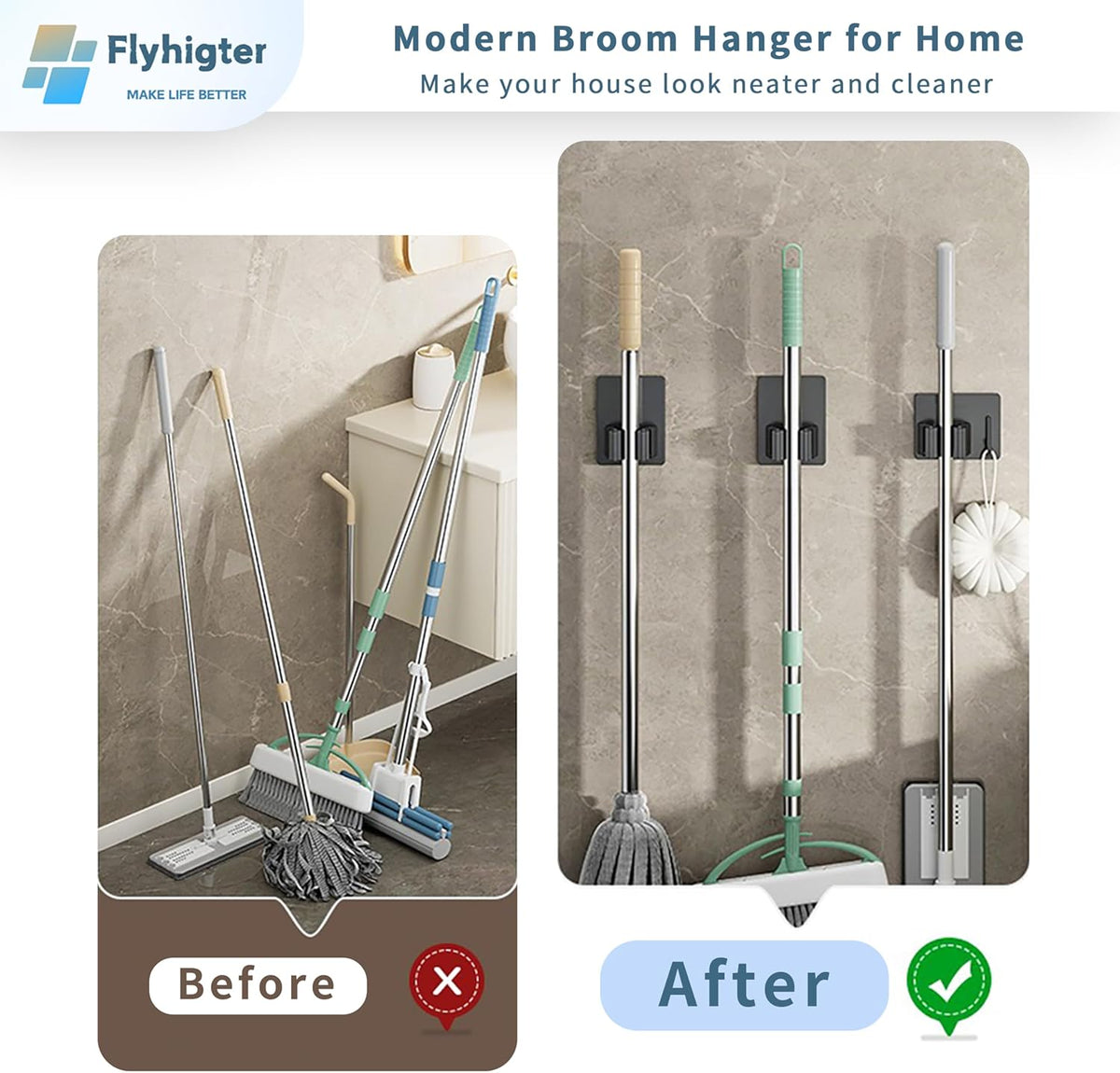 6 Pack Stainless Steel Mop and Broom Holders – Wall Mounted Grippers with Adhesive or Nail-Free Glue, No-Drill Installation for Kitchen, Bathroom, Garage
