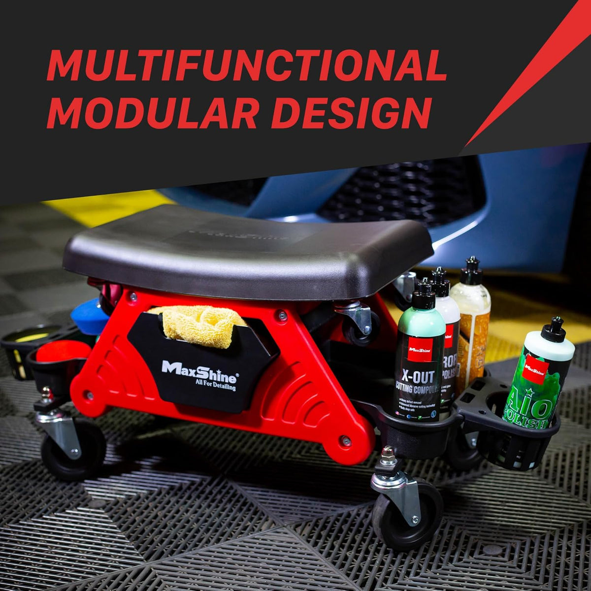 Maxshine Detailing Mini Creeper with Cushion - Mobile Rolling Utility Creeper Seat for Mechanics & Detailers - Perfect for Car Cleaning, Buffering, Polishing, Ceramic Coating, and Car Waxing