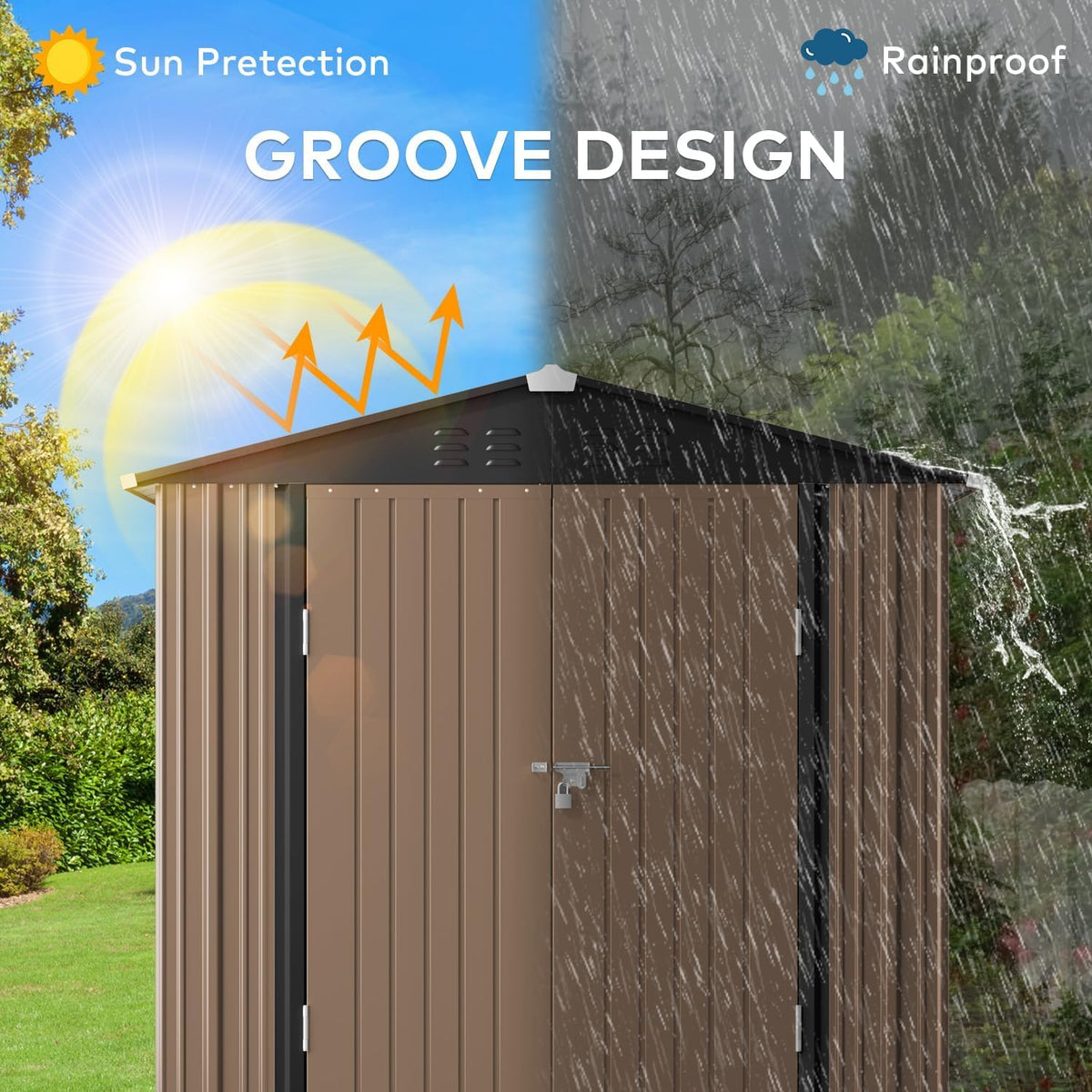 Gizoon Outdoor Storage Shed 6 x 4 FT, Galvanized Metal Garden Shed with Double Lockable Doors, Outdoor Storage Clearance for Backyard Patio Lawn-Light Brown