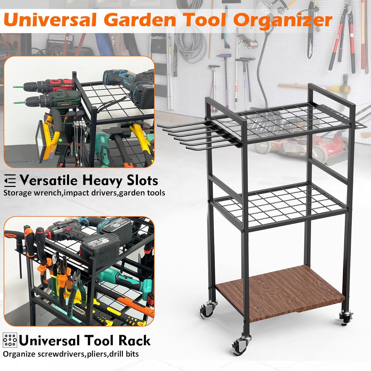 MUTUACTOR Heavy Duty Garage Tools Organizer Cart,3-Tier Rolling Utility Tool Chest with Electric Impacts Rack,Large Load-Bearing Shelf Storage Metal Rack Tool Cart with Wheel for Organizer and Storage