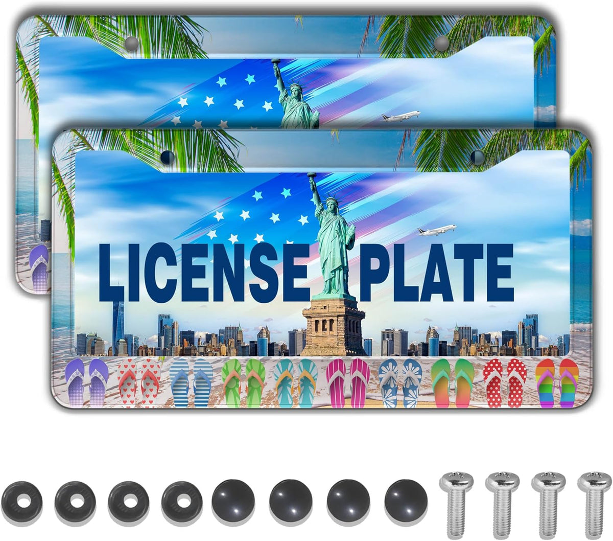 License Plate Frames Multicolor Car License Plate Frame Hawaii Beach Flip Flops Aluminum Metal Car Accessory 2 Pack with Screw Covers Set