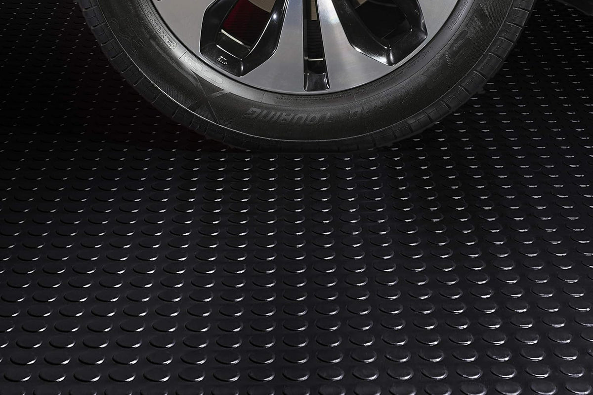 G-Floor Seamless Sheet Vinyl Shed Flooring Cover with Bonded Fibrous Backing - Coin Pattern (8' x 8', Midnight Black)