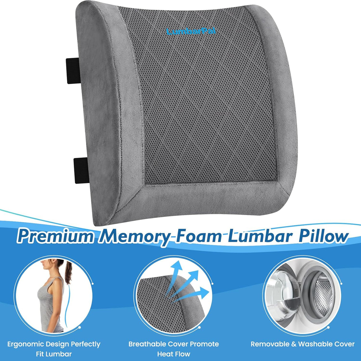 Lumbar Support Pillow for Office Chair Back Support Lumbar Pillow for Car, Gaming, Office Chair - Improve Sitting Posture & Back Pain Relief, Memory Foam, Adjustable Straps, Fluffy Grey