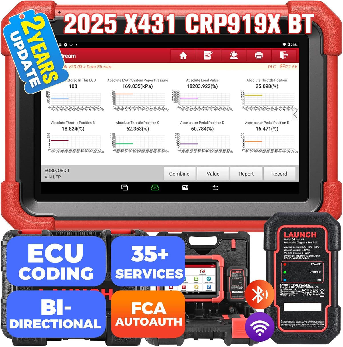 LAUNCH X431 CRP919XBT OBD2 Scanner, 2025 Wireless Bidirectional Scan Tool with DBSCar VII Connector, ECU Coding, FCA AutoAuth, 2-Year Free Update, V.A.G Guide, 35+ Services, All Systems, CANFD
