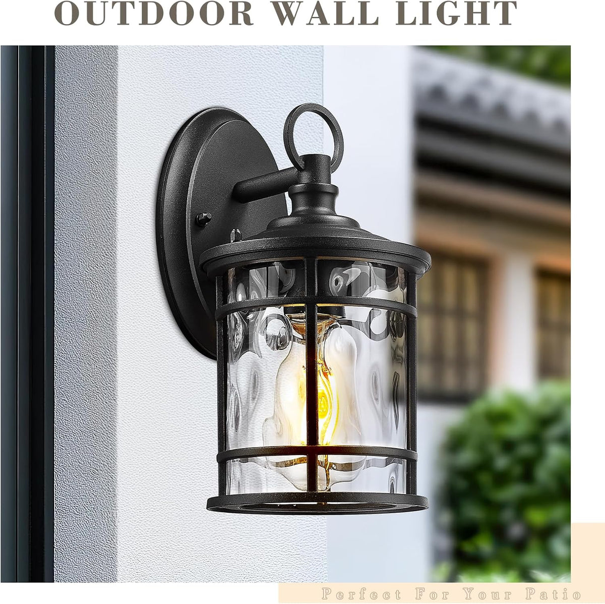 Emliviar 1-Light Outdoor Wall Mounted Lighting, Matte Black Outside Porch Light, 11.4" Aluminum Carriage Light with Water Ripple Glass, XE229BS BK-WG