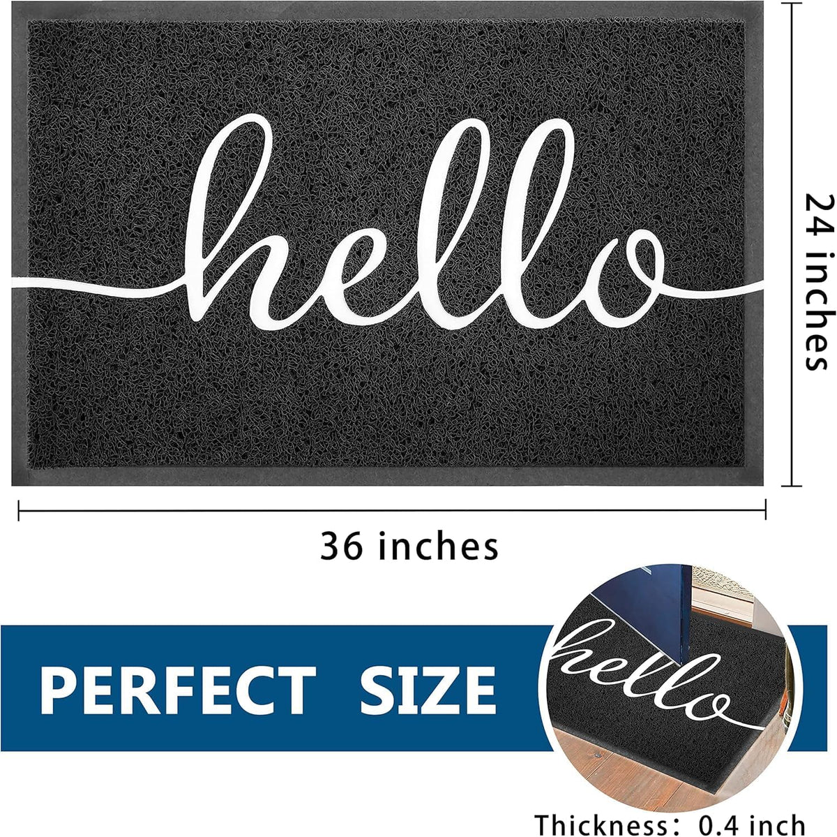 EARTHALL Door Mat Outside Inside Hello Doormat, 36"x24", Durable Floor Mat Non Slip Mat Ultra Absorb Mud Easy Clean Front Doormat for Garage, Entryway, Patio, High Traffic Areas, Black