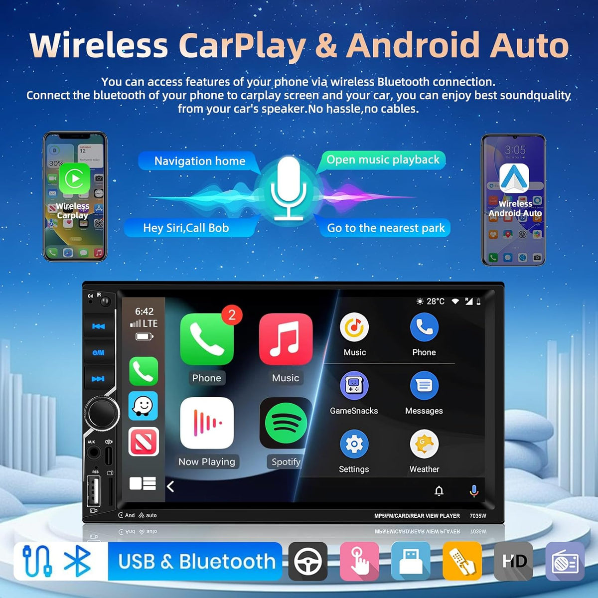 [Upgrade] Podofo Wireless Carplay Car Stereo,7 Inch Double Din Touchscreen Car Radio with Bluetooth5.1,Android Auto,Voice Control,MirrorLink,FM Radio,GPS,WiFi,USB/TF/AUX Port+MIC