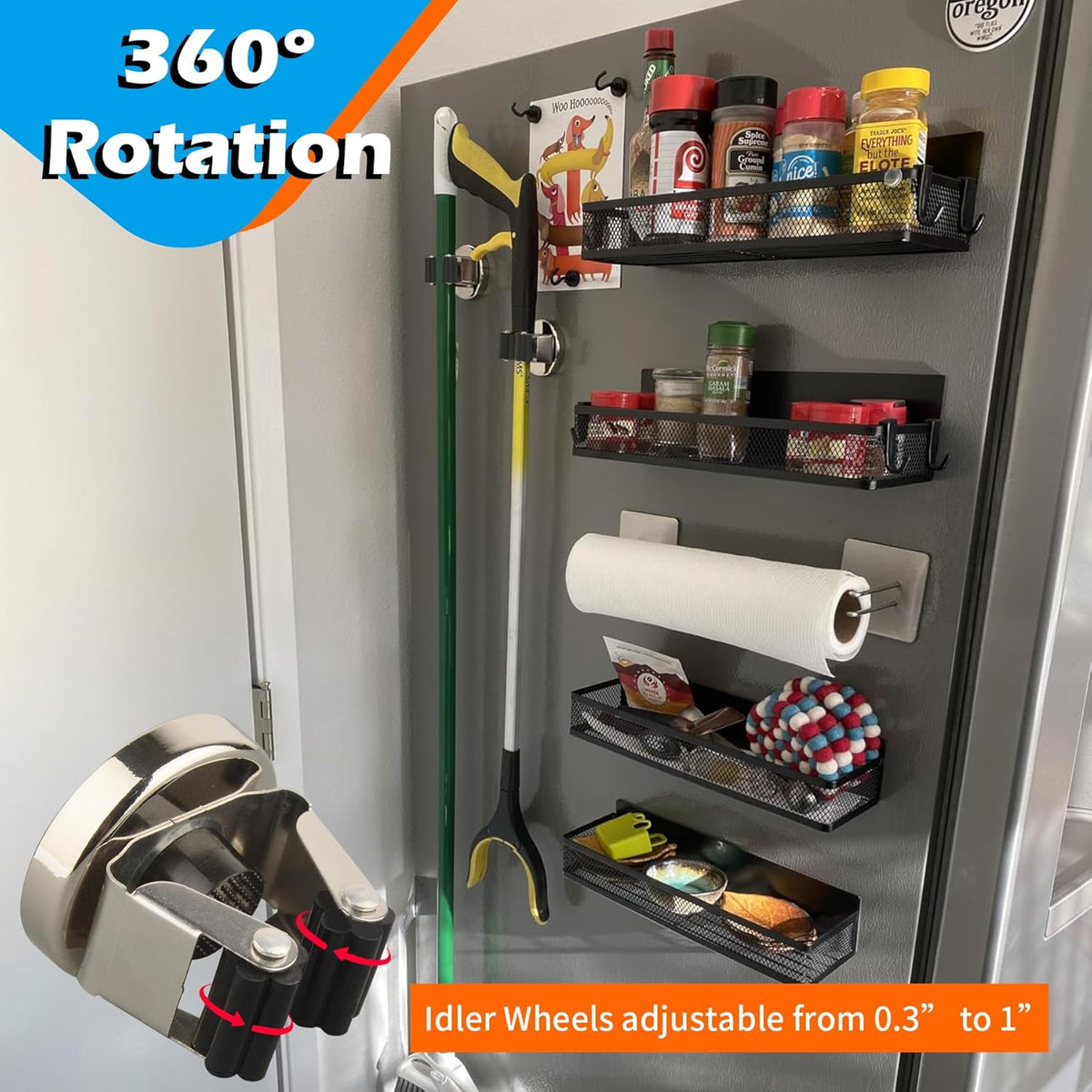 MUTUACTOR Magnetic Broom Holder,Anti-broken Broom and Mop Tool Holder,2PCS Adjustable Magnet Holder Broom Mop Clip with 360 Swivel Rack for Hanging in Metal Door Refrigerators Washer Machine