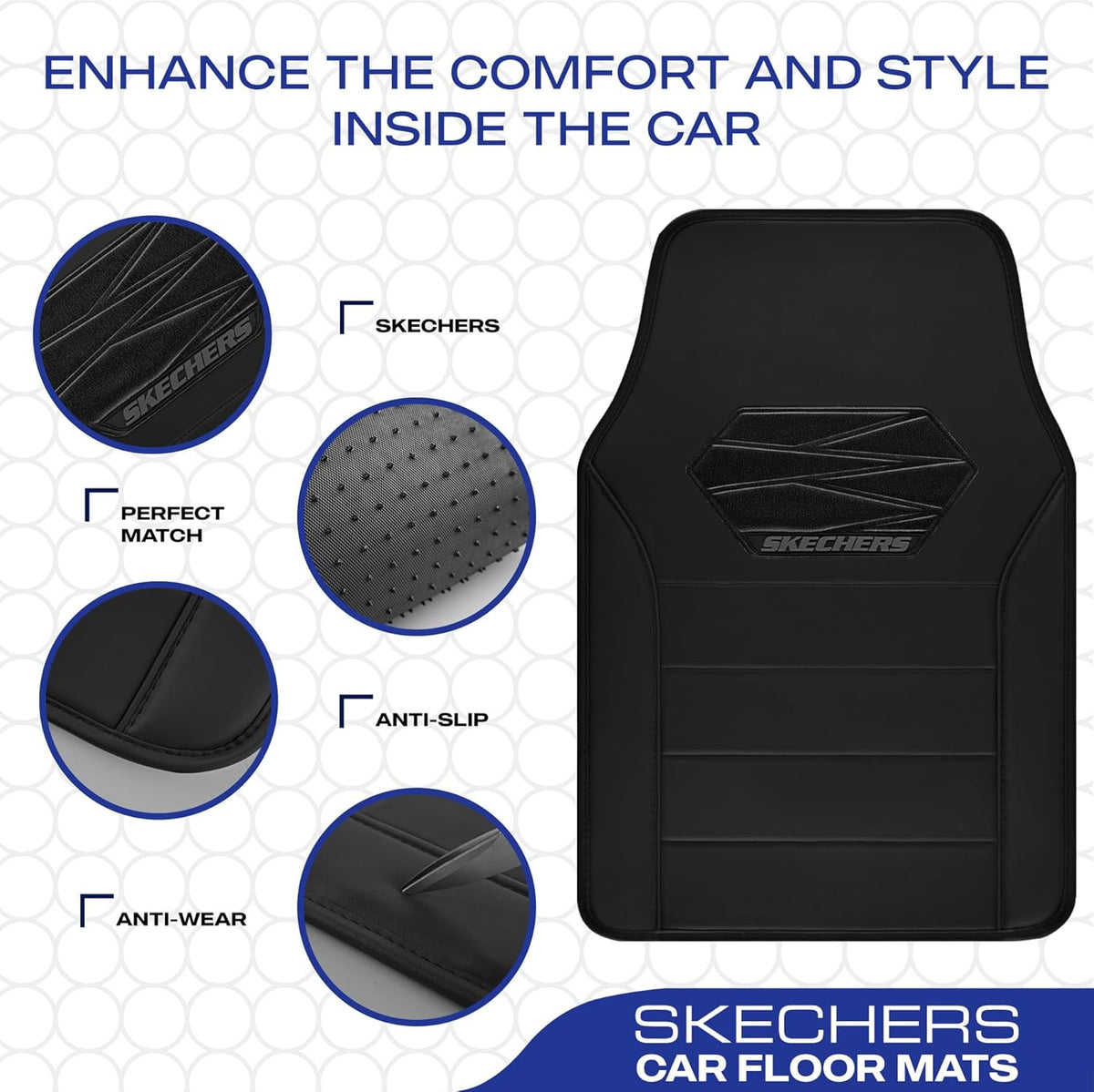 Skechers Memory Foam Car Mats, Leather Piping with Anti-Slip Pad, Universal Waterproof Fit Automotive Floor Mats for SUV, Vans, Sedans, Trucks, Full Set 4pcs Black
