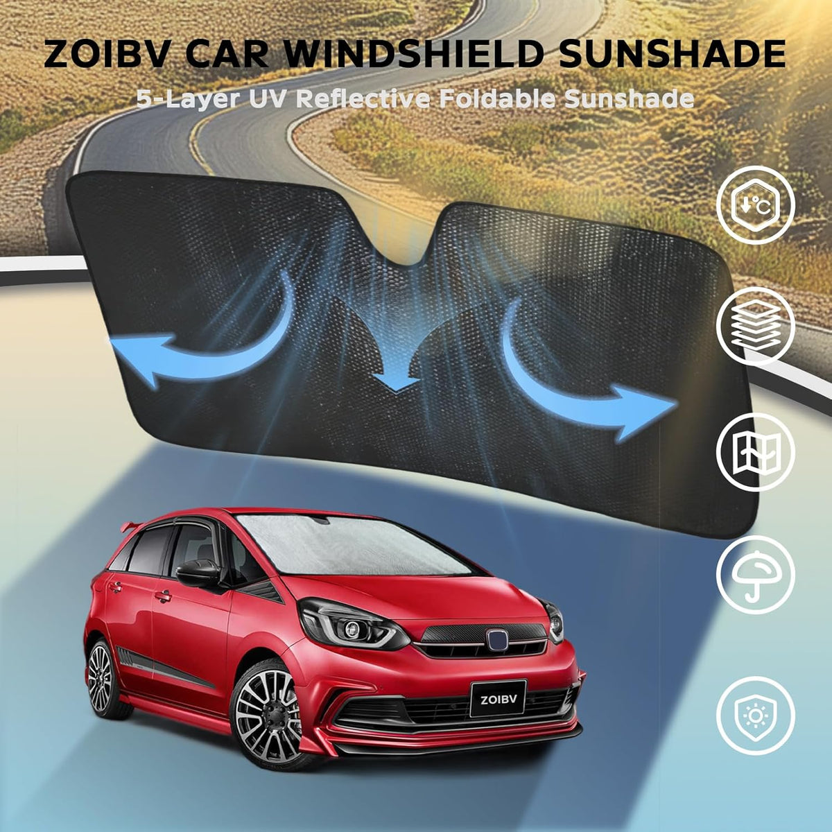 Windshield Sun Shade for 2007-2024 Honda Fit EX EXL Sport Engine - 5-Layer Bubble Foldable Front Window Shade Sun Visor Accessories - Blocks Heat & UV Rays