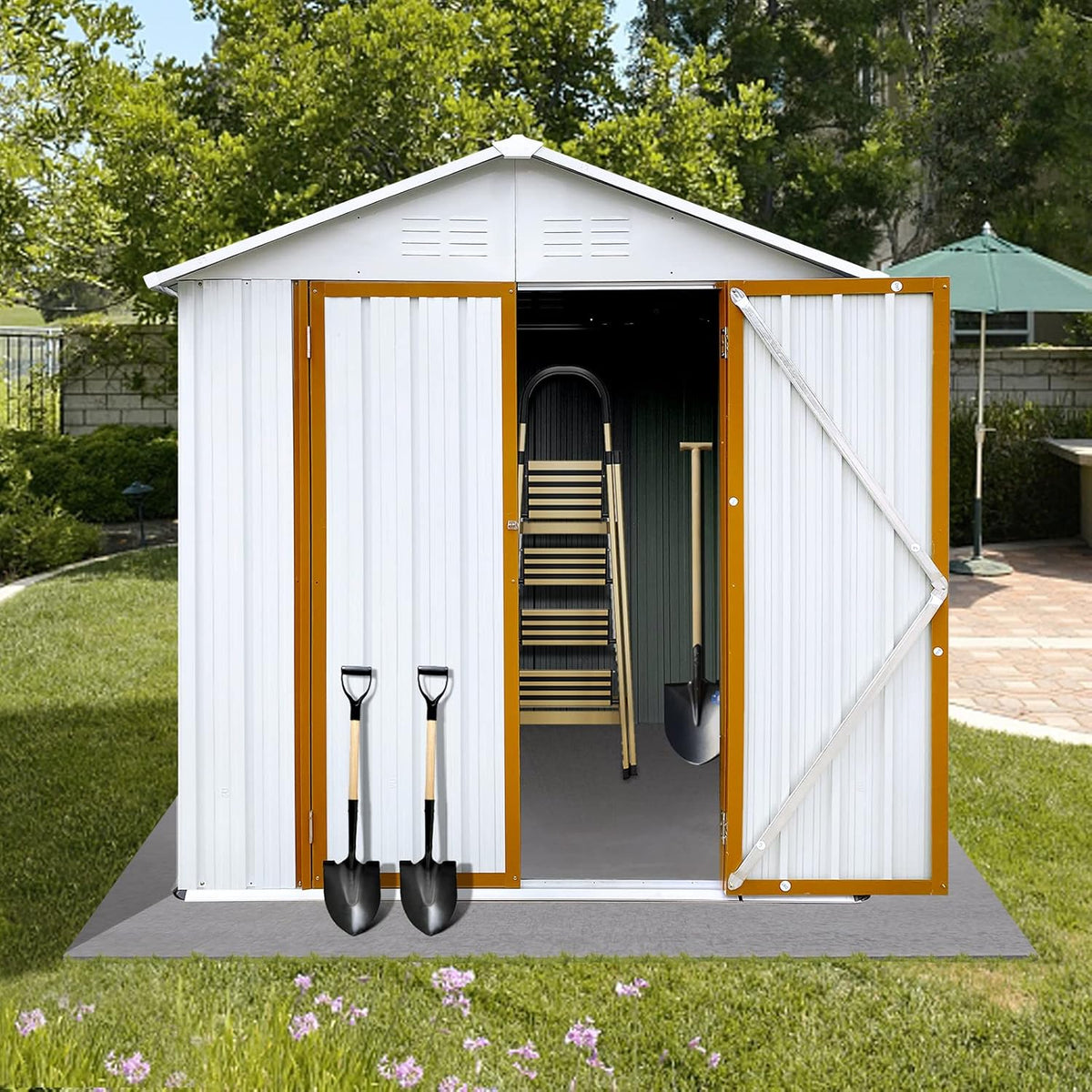 4x6 FT Outdoor Metal Storage Sheds with Apex Roof,Single-Storey Waterproof Roofed Structure Garden Shed w/Lockable Doors,for Lawn Equipment Tool Sundries,White+Yellow