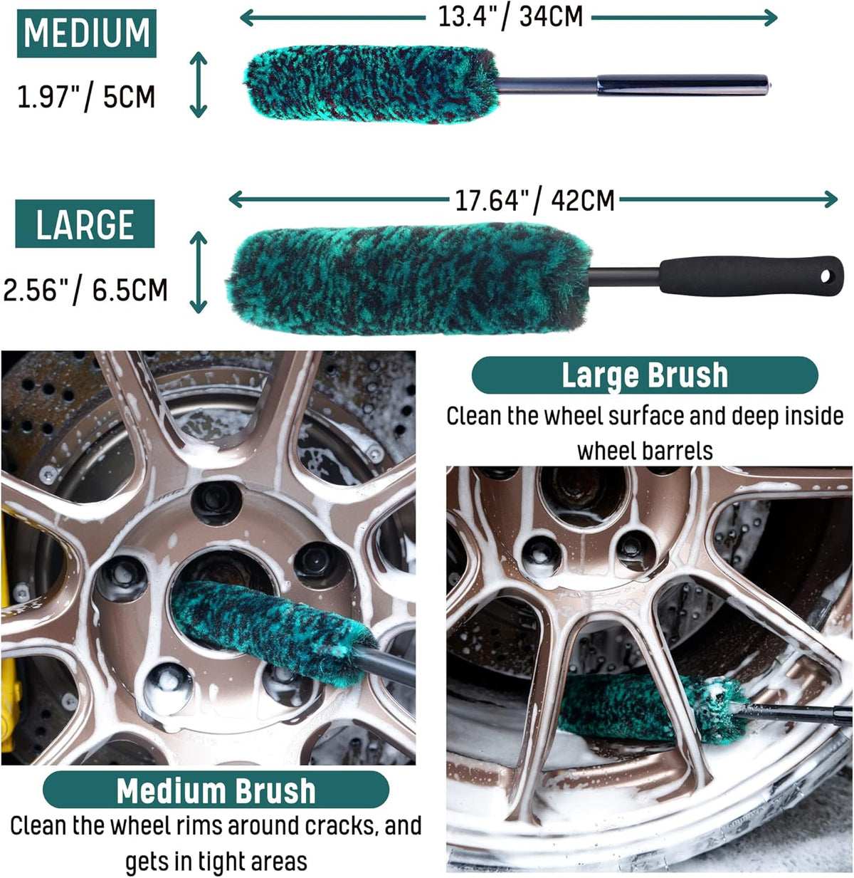 Professional 4 Pack Long Handle Wheel Brush Kit for Cleaning Wheel and Tire- 2X Soft Wheel Cleaning Brush, Detailing Brush and Stiff Tire Brush, Bendable& Durable Wheel Rim Cleaner Brush Set