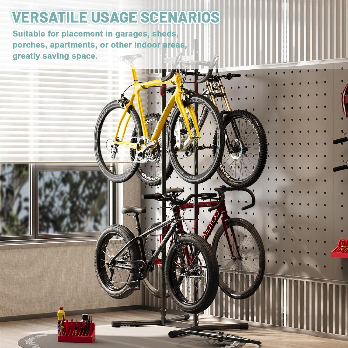 Urban Deco 2-4 Bike Storage Rack Garage Max154lbs, Freestanding Indoor Bike Rack with Adjustable Hooks, Vertical Bike Floor Stand for Road, Mountain and Hybrid Bike, Black