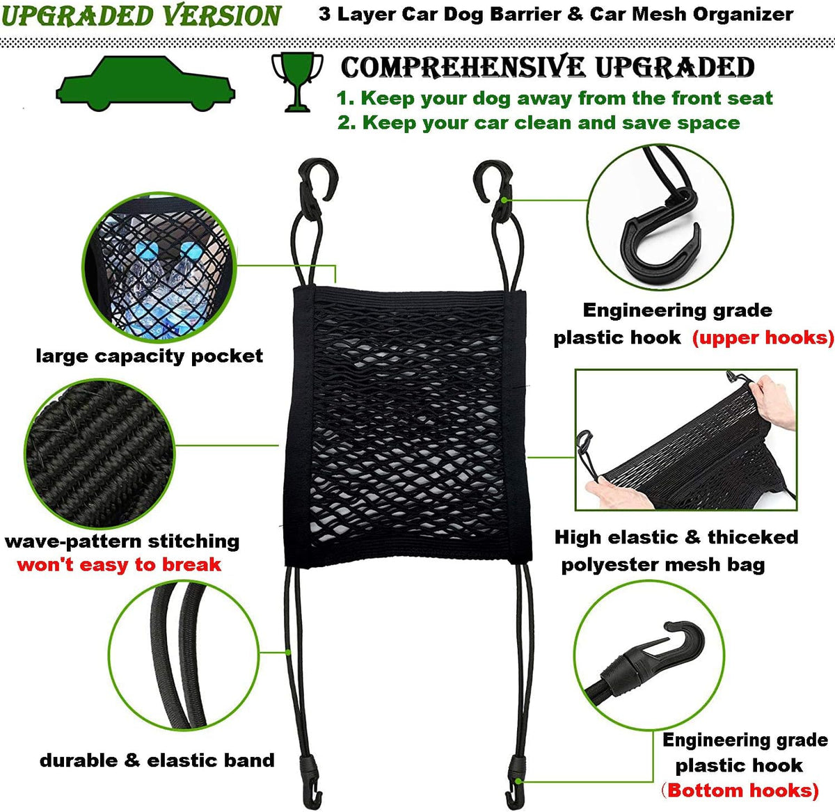 DYKESON Pet Barrier Dog Car Net Barrier with Auto Safety Mesh Organizer Baby Stretchable Storage Bag Universal for Cars, SUVs -Easy Install,Safer to Drive with Pets and Children, 2 Layer
