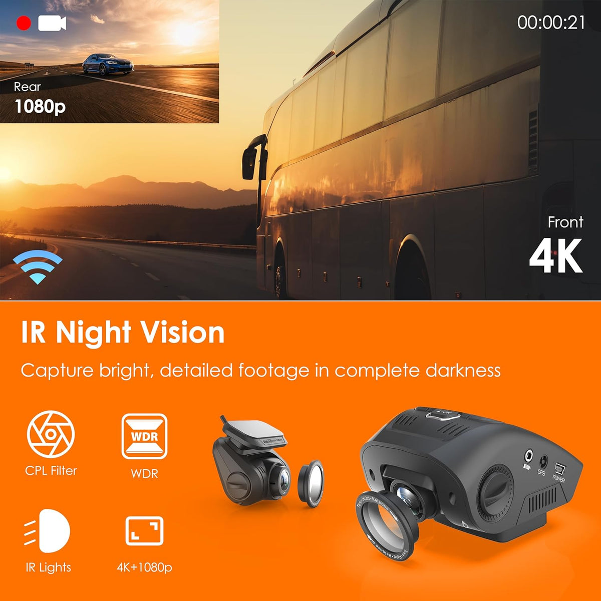 V1P SE 4K Dual Dash Cam w/GPS, Wi-Fi & 2pcs-CPL Filter | 512GB Support | Front 2160p, Rear 1080p | 170° Angle | G-Sensor | WDR | Loop Record | Parking Monitor | 64GB Memory Card Included