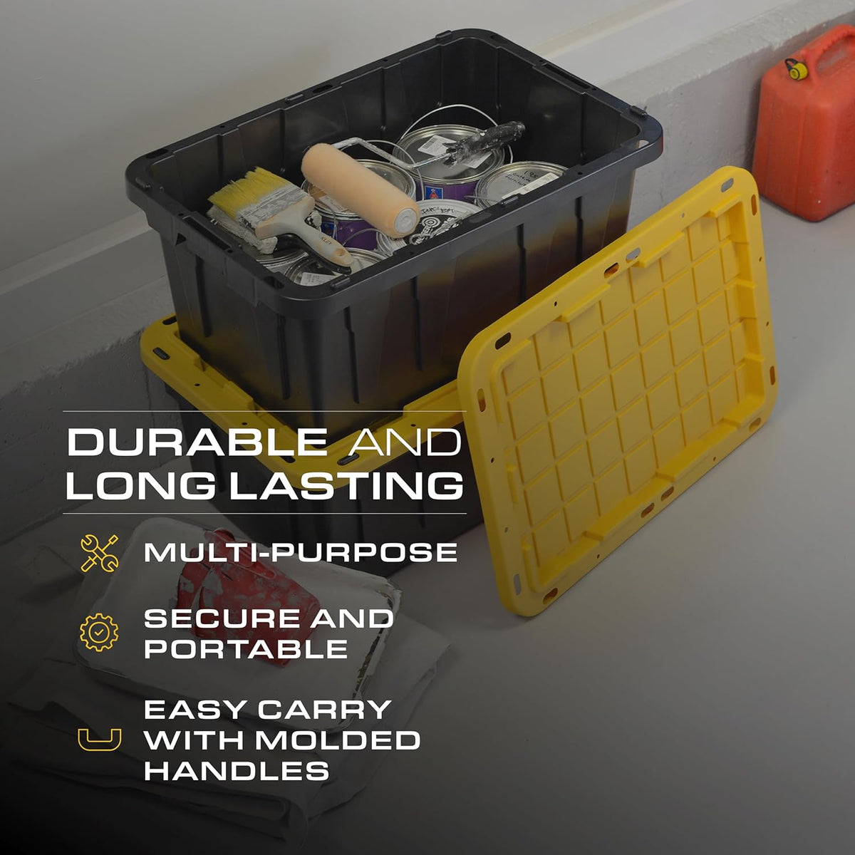 BLACK & YELLOW, 17-Gallon Heavy Duty Tough Storage Container & Snap-Tight Lid, (12.5"H x 18"W x 26.9"D), Weather-Resistant Design and Stackable Organization Tote [4 Pack]