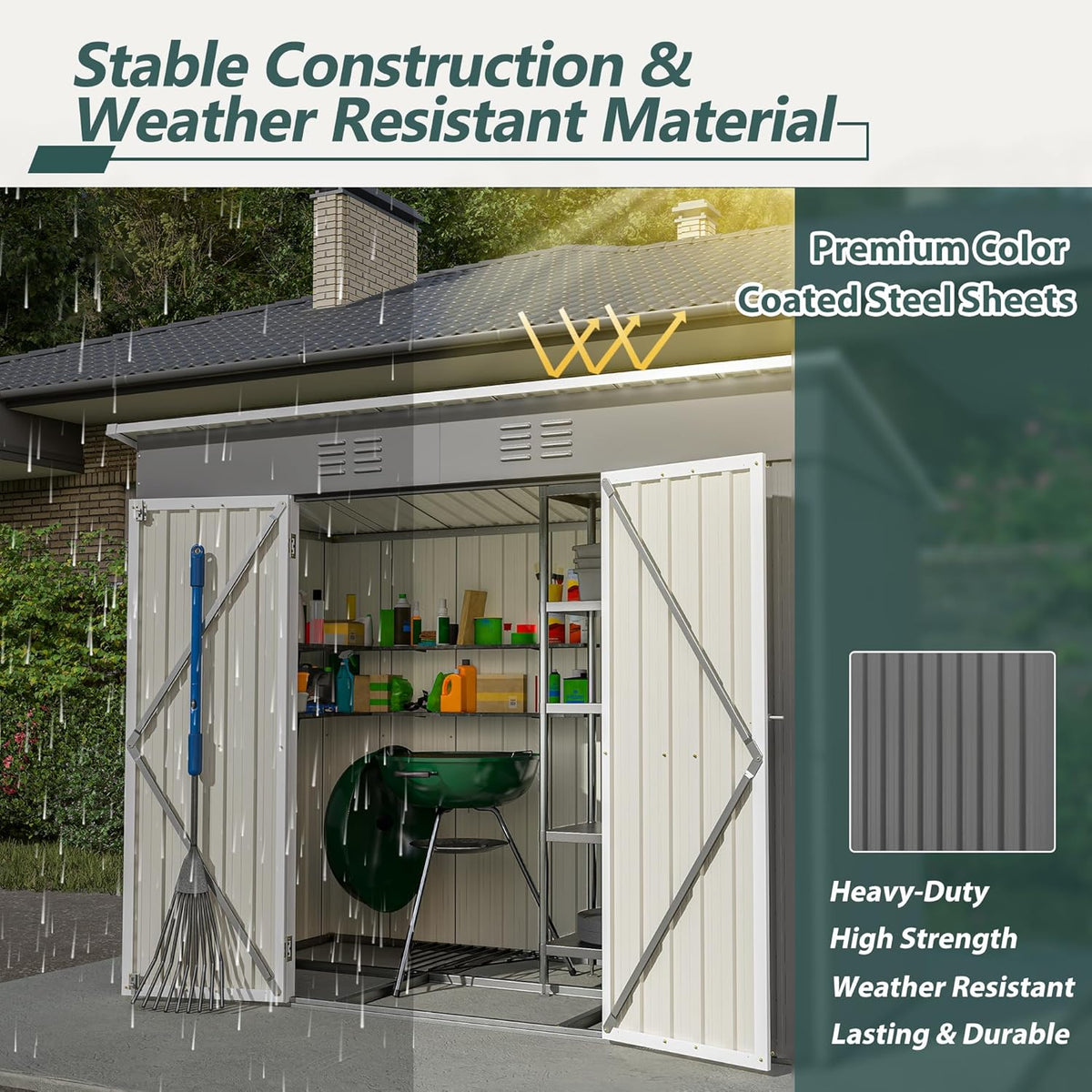 Outdoor Storage Shed, 8 X 4ft Metal Galvanized Steel Garden Shed with Floor Frame, Utility Tool Shed Storage House for Backyard, Patio, Lawn