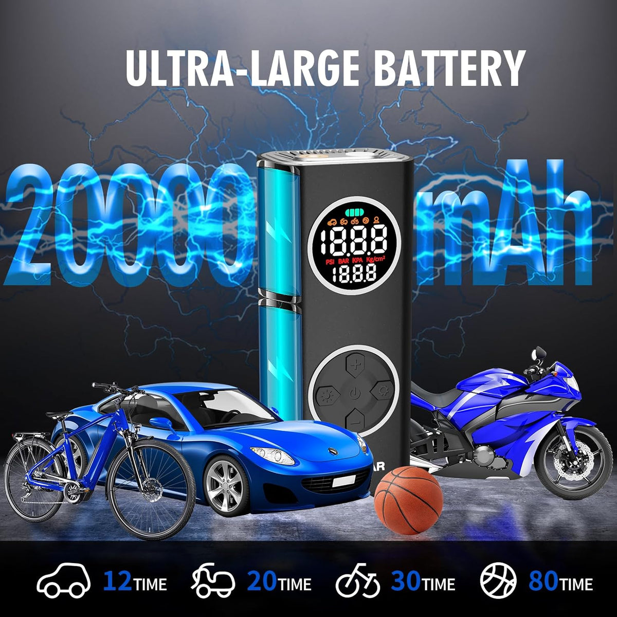 Cordless Tire Inflator with Dual Nozzle & Digital Gauge, 150PSI Portable Air Compressor for Car SUV Motorcycle Bike Tires, USB-C Rechargeable, Auto Shut Off, LED Light, 20000mAh 12V DC Power