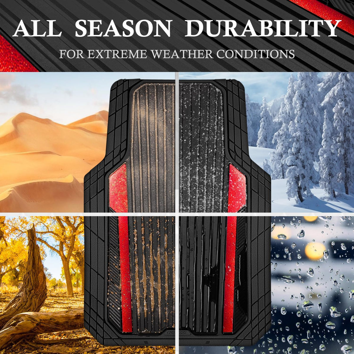 CAR PASS Heavy Duty Rubber Car Mats Metallic S~L Size, Aluminum Film All Weather Floor Mats Waterproof Universal Trim to Fit SUV Sedan Van Truck 4 Piece Deep Dish Two-Tone Sporty Black Red Chrome