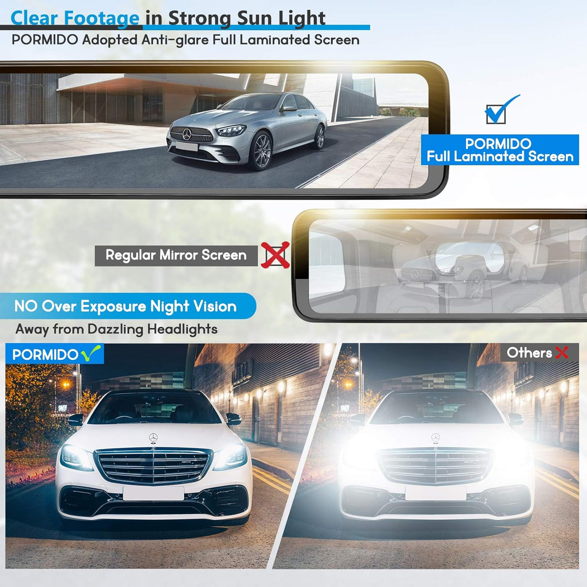 PORMIDO Triple Mirror Dash Cam 12" with Detached Front and in-Car Camera,Waterproof Backup Rear View Dashcam Anti Glare 1296P IPS Touch Screen with Sony Sensor,Starvis Night Vision,GPS,Parking Assist