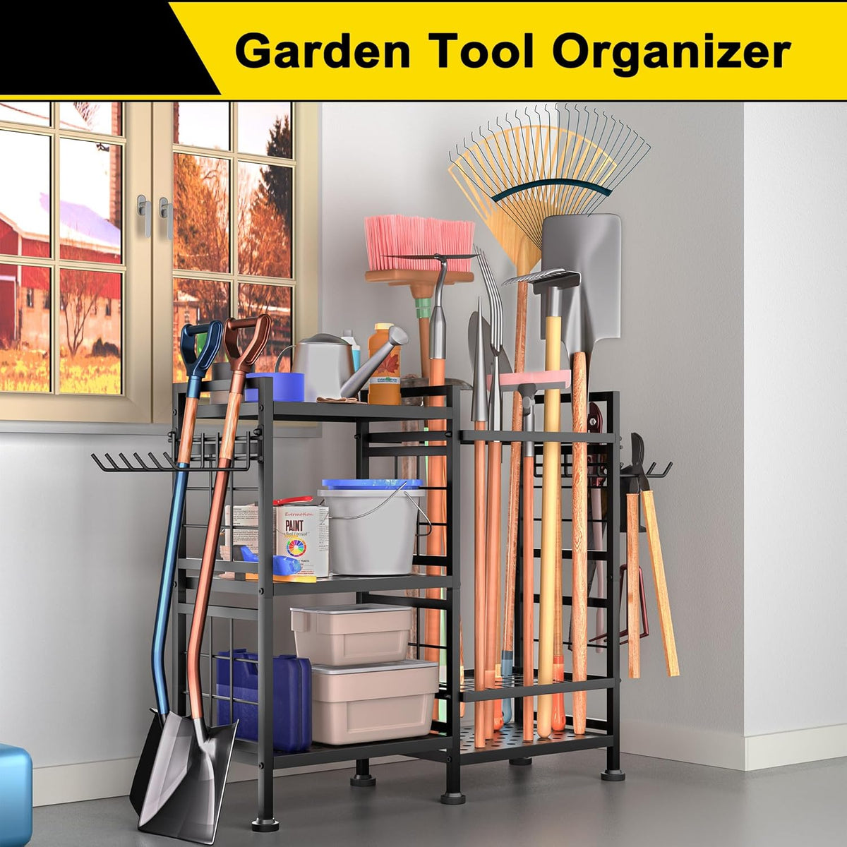 GIOTORENT 6 Tier Garden Tool Organizer, Garage Storage and Organization, Metal Yard Tools Storage Rack, Heavy Duty Garden Tool Organizer for Garage, Yard, Patio, Shed, Indoors and Outdoors, Black