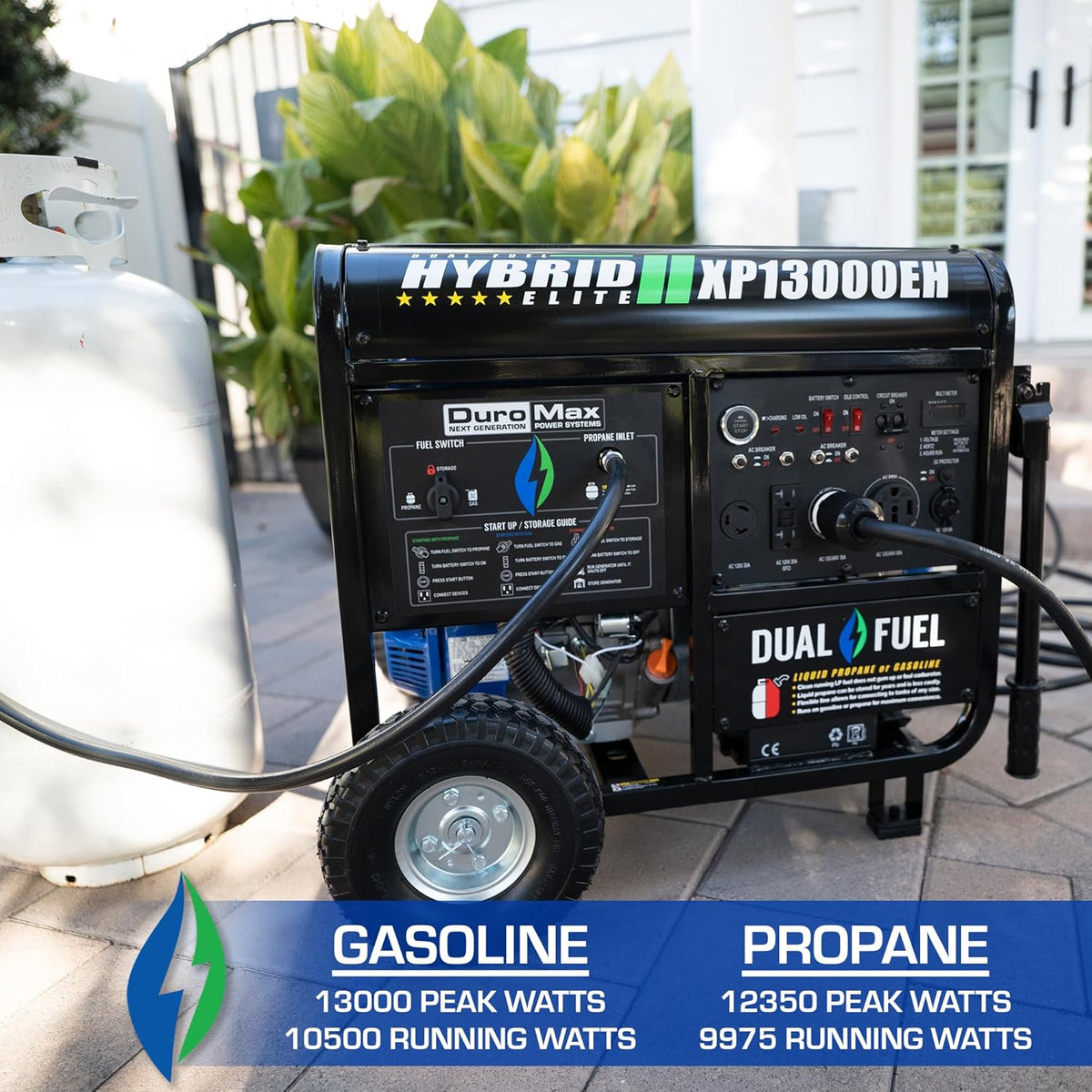 DuroMax XP13000EH 13,000-Watt Dual Fuel Portable Generator - Gas & Propane, Electric Start, Whole Home Backup Power, Transfer Switch Ready, RV & Emergency Ready