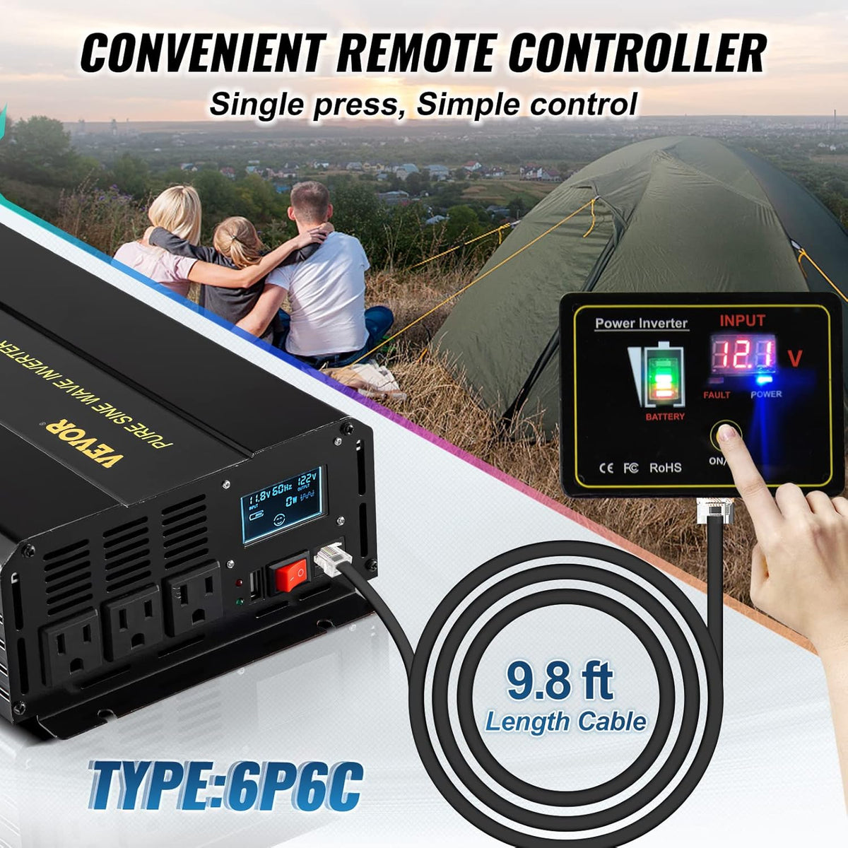 VEVOR 2500W Pure Sine Wave Inverter, 12V DC to 120V AC Car Inverter, 3 AC Outlets, USB Port, LCD Display, Remote Controller, Black, for RV Truck Car Solar System Travel Camping