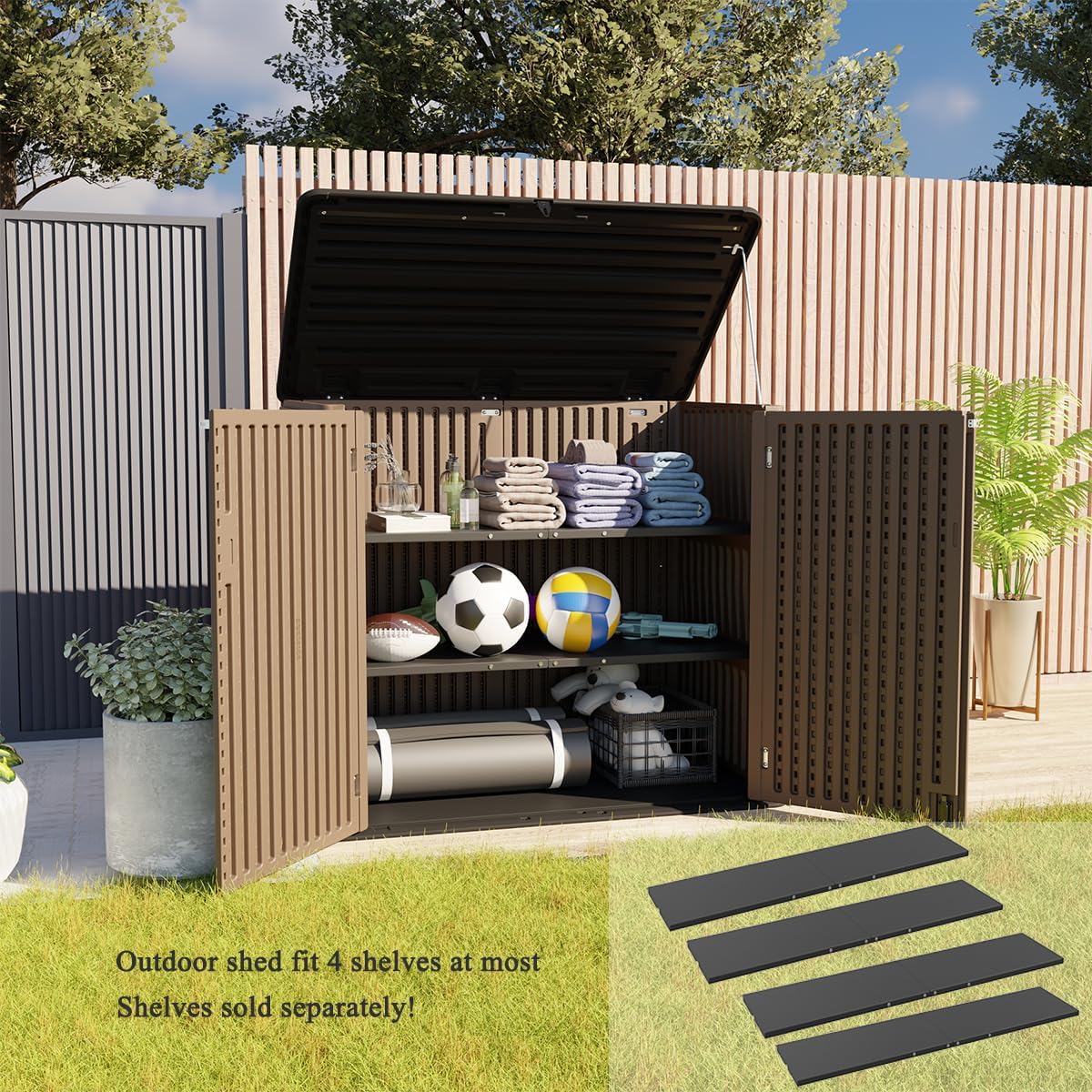 KINYING Larger Outdoor Storage Shed Weather Resistance, Resin Sheds & Outdoor Storage for Garden, Patios, Backyards, 48 Cu.Ft Tool Shed for Garbage Cans, Lawn Mower, Garden Tools,Brown