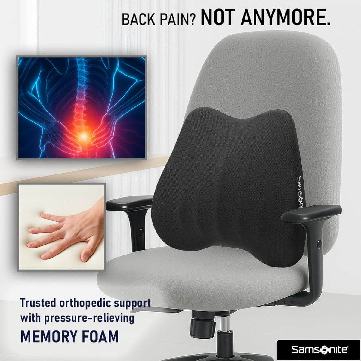 Samsonite Lumbar Support Pillow for Office Chair and Car Seat - Memory Foam Pillows Car Lumbar Support Brace, Lumbar Support Pillow for Car & Low Back Pain Relief, Black